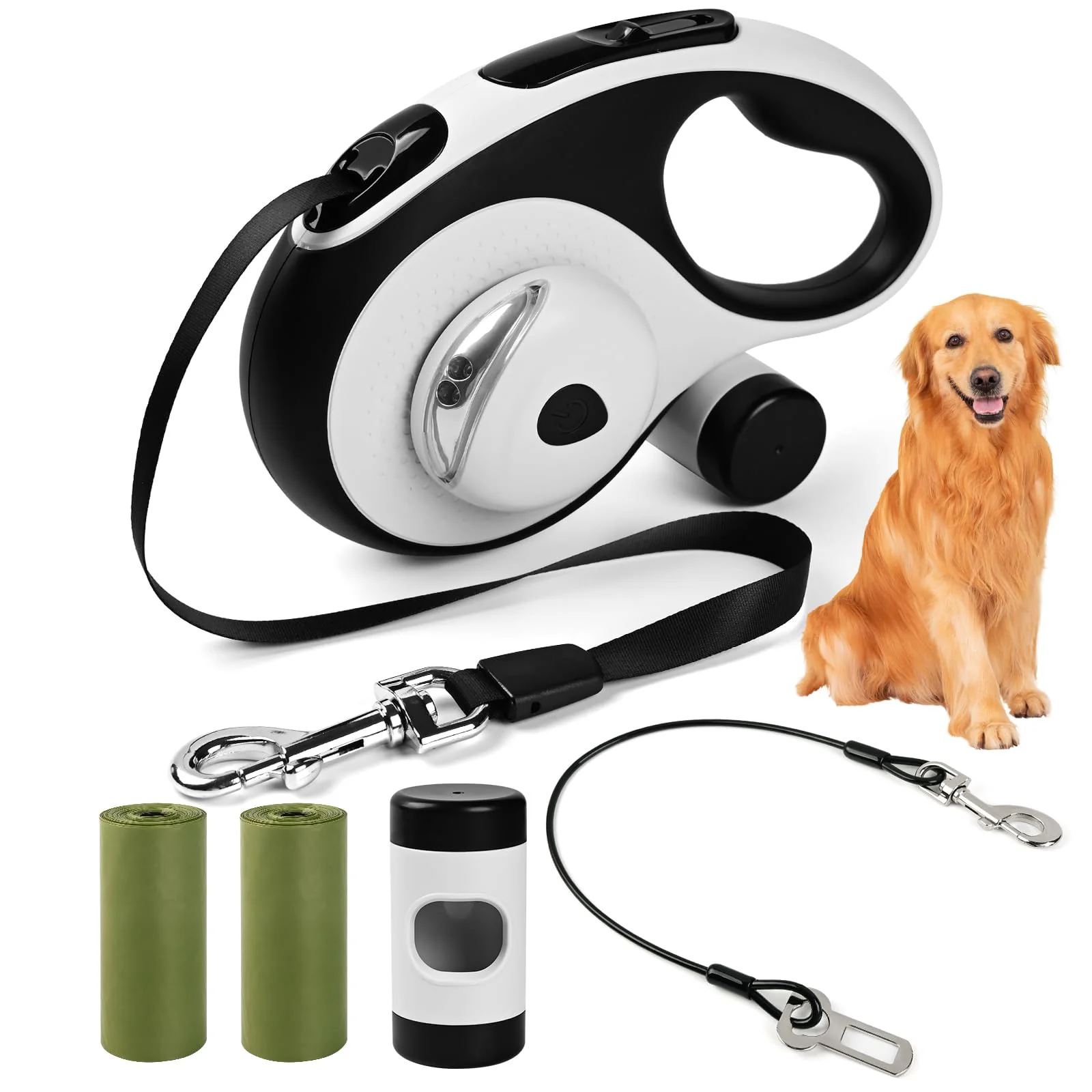 Recyclable ODRIEW 26ft Heavy Duty Retractable Dog Leash for Large Dogs — 110 lb 360° Anti-Tangle LED Light Flexible