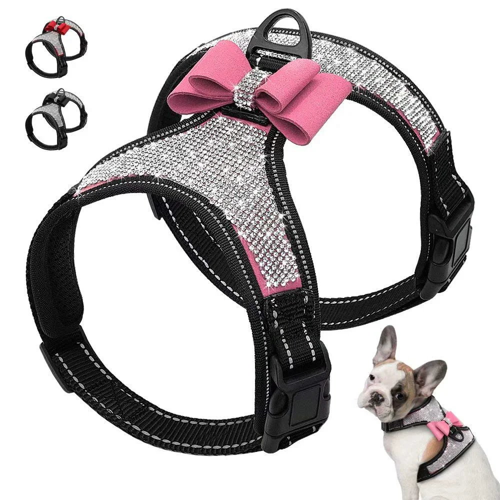 Fashionable Beirui Soft Fleece Padded Dog Harness for Small Medium Dogs Pink Rhinestone Bow Reflective Safety Enhanced