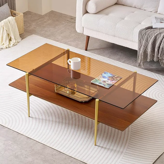 Enhanced Extra Large Rectangle Glass Coffee Table Mid-Century Modern Design for Living Room L47 x W24 x H17 Amber Glass Top and Walnut MDF Shelf Sleek Conical Metal Legs with Gold FinishAbout ThisOverview First-Class