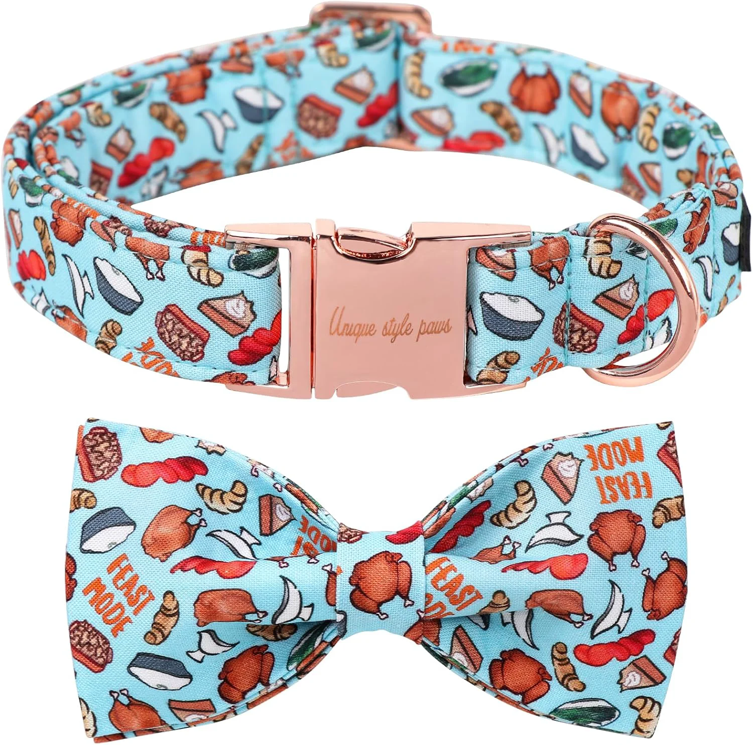 Premium Unique Style Paws Thanksgiving Day Dog Collar with Bow Blue Turkey Cotton Puppy Collars for Small Medium Large Dogs Stylish