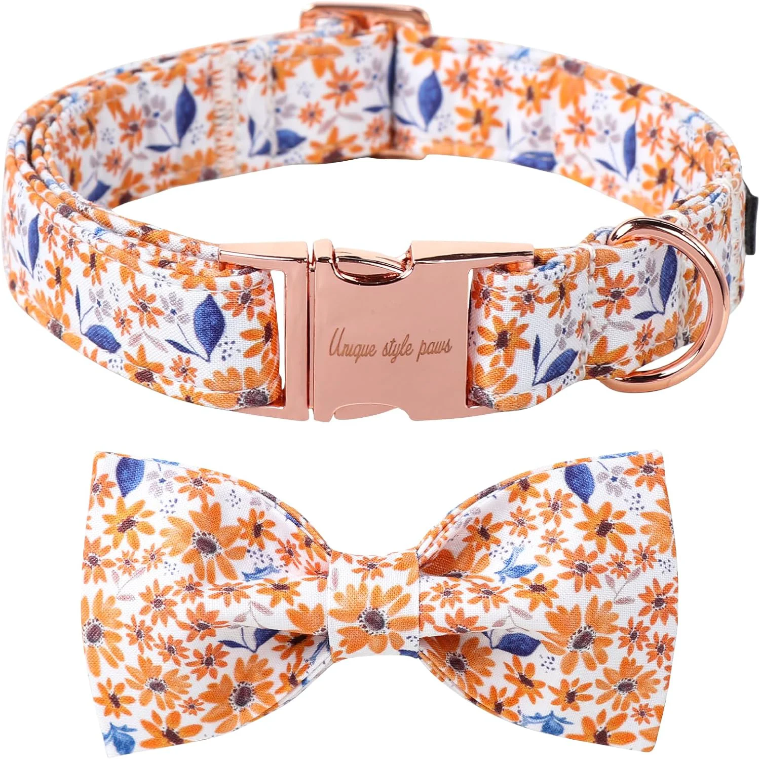 Healthy Unique Style Paws Autumn Leaf Collar with Bow Blue Leaf Flower Cotton Dog Collars for Small Medium Large Dogs Durable