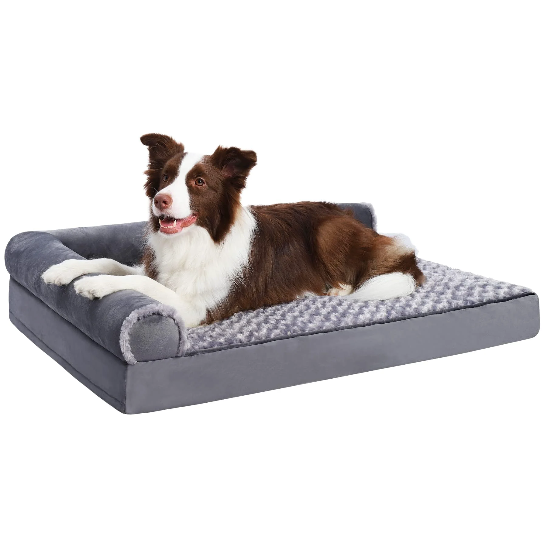Soft MIHIKK Orthopedic L-Shape Dog Couch Bed – Waterproof Plush Velvet Non-Slip Gray Comfortable