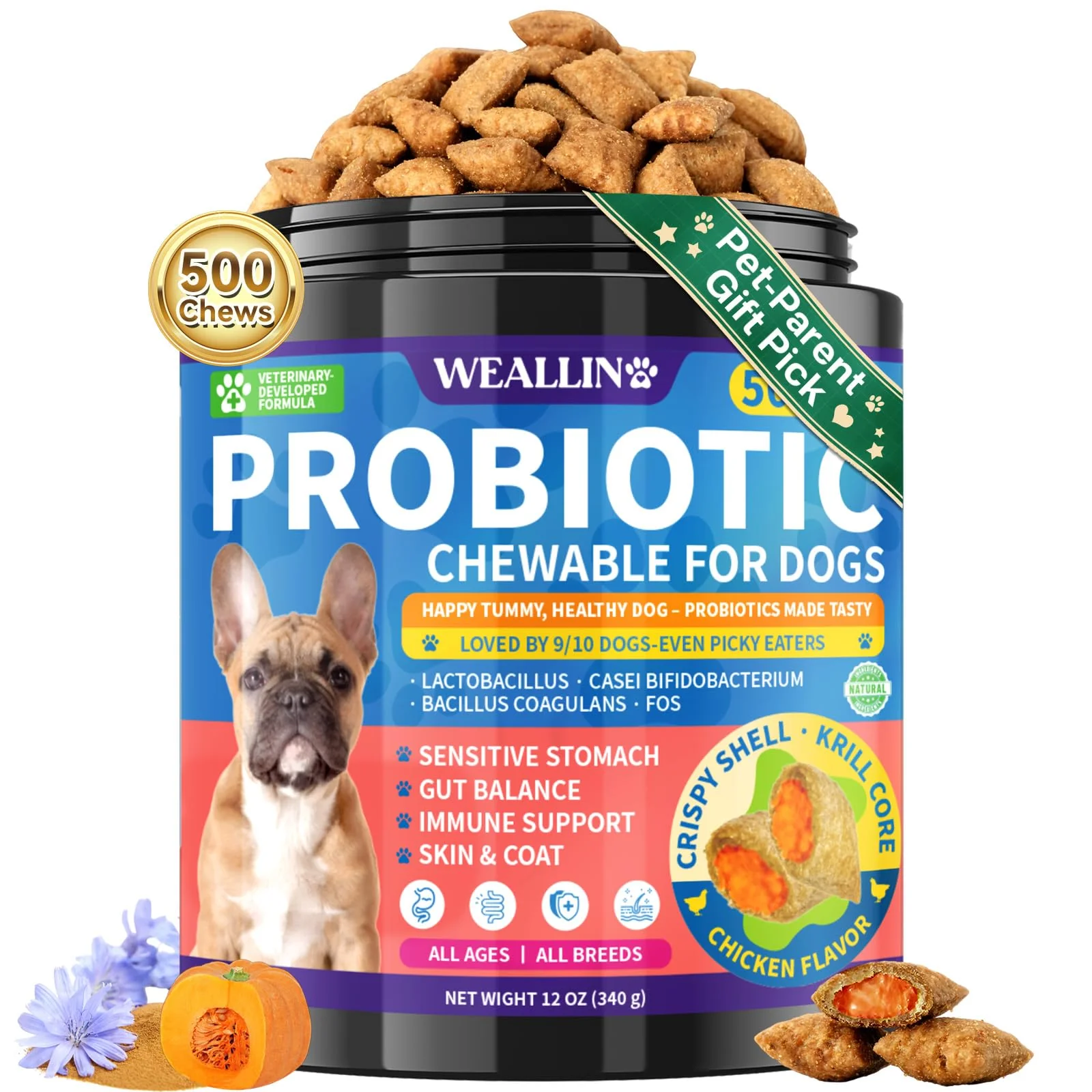 Optimized WEALLIN Dog Probiotics Chews – 500 Count Sensitive Stomach Support Triple Probiotics Prebiotics Chicken Flavor Easy-to-Use