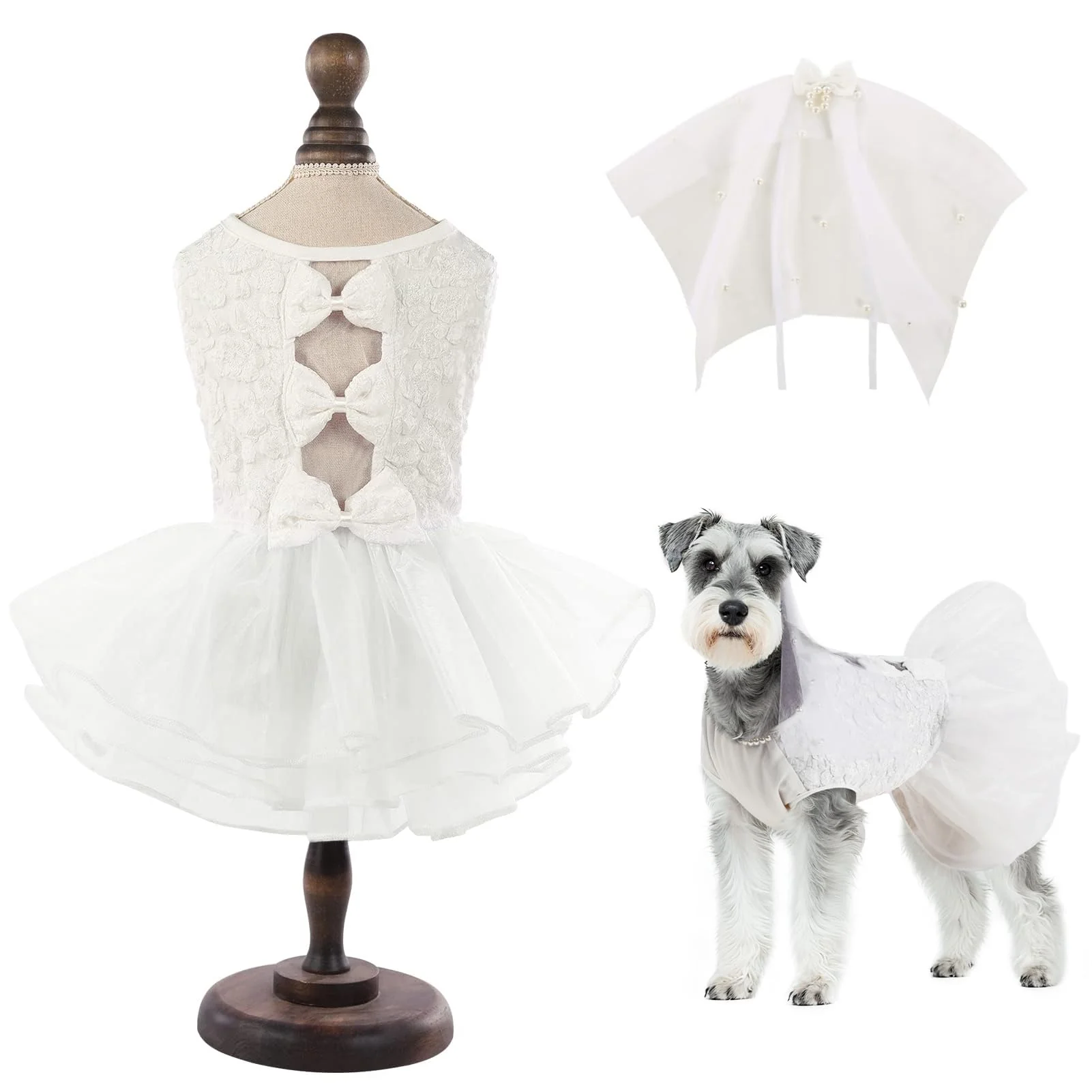 Modern ASENKU Dog Dress XX-Large White – Lace Princess Outfit with Pearl Necklace Veil for Weddings Parties Eco-Friendly