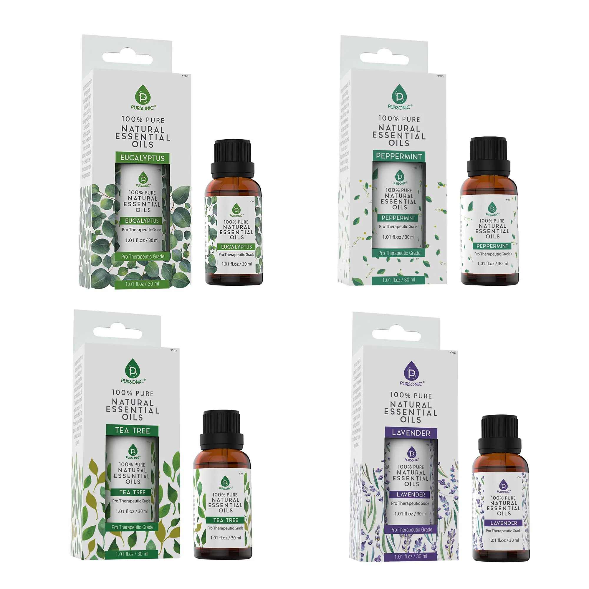 Soft Collection de 4 huiles essentielles pures et naturelles Pursonic – Eucalyptus lavande arbre à thé et menthe poivrée Smart