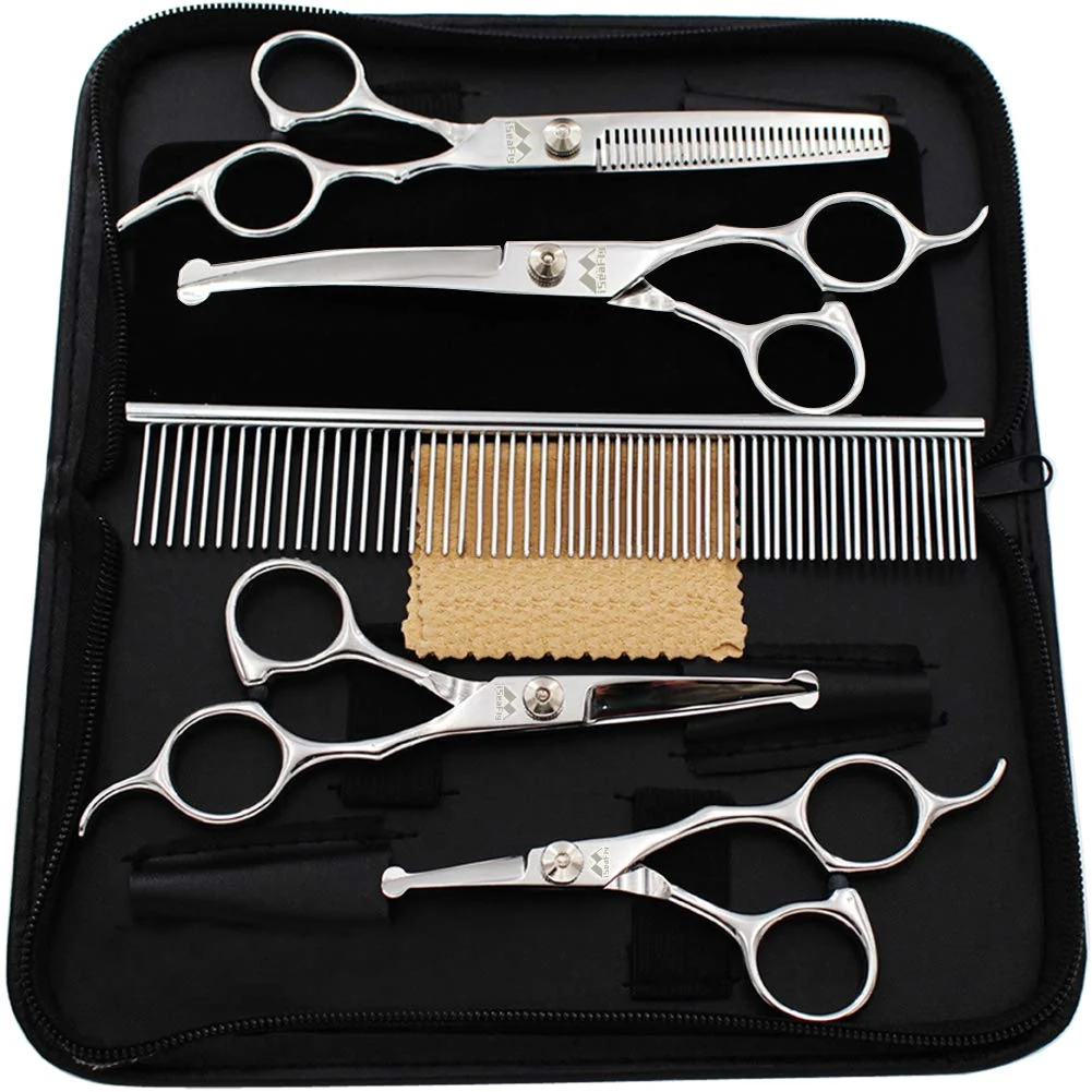 Professional iSeaFly Dog Grooming Scissors Kit — 6-in-1 Stainless Steel Pet Shears with Round Tip Classic