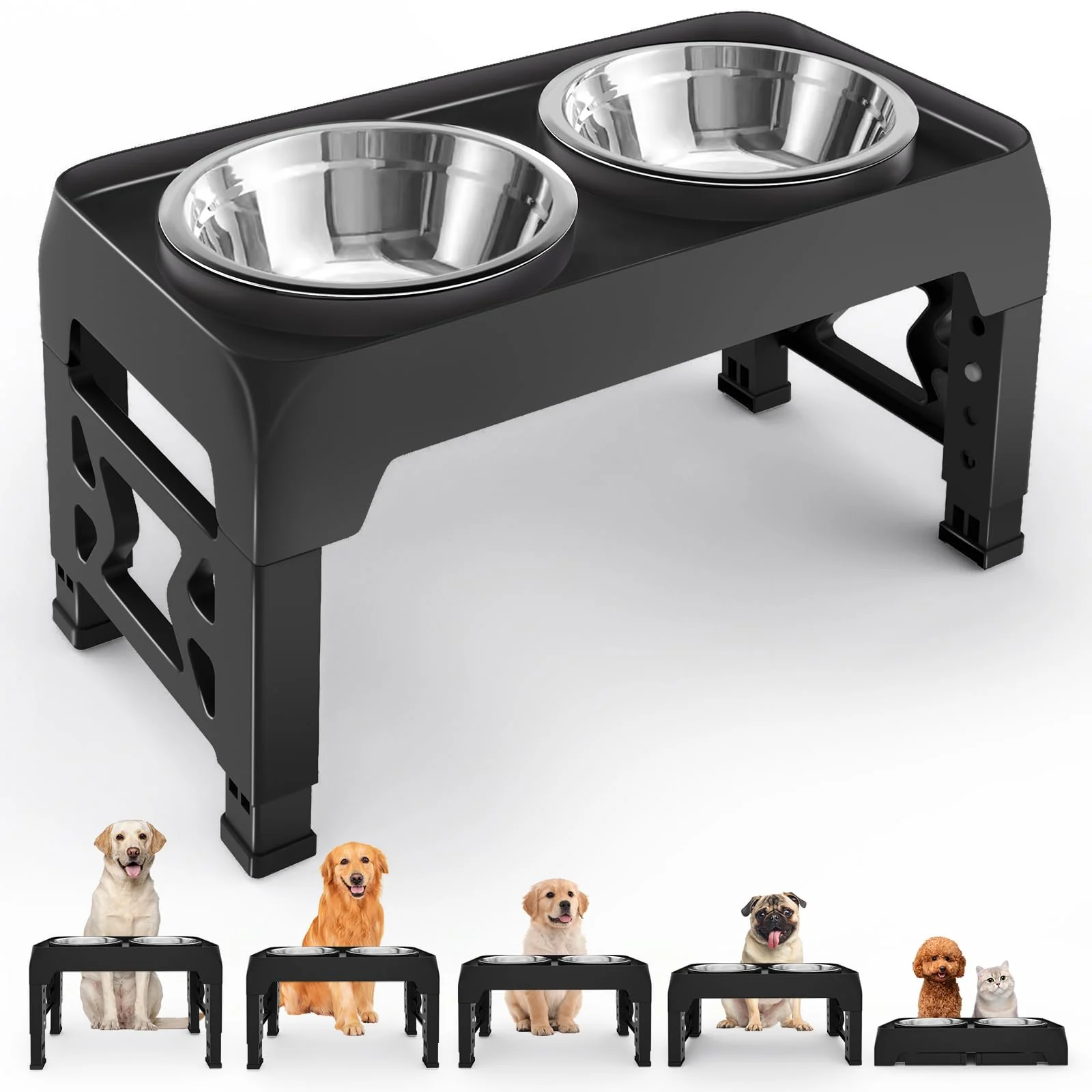 Lightweight Moserein d Dog Bowls for Medium Large Dogs — 5-Position Adjustable Mess-Proof Raised Bowl Stand 2x 44oz Stainless Steel Bowls DB-B High-Performance