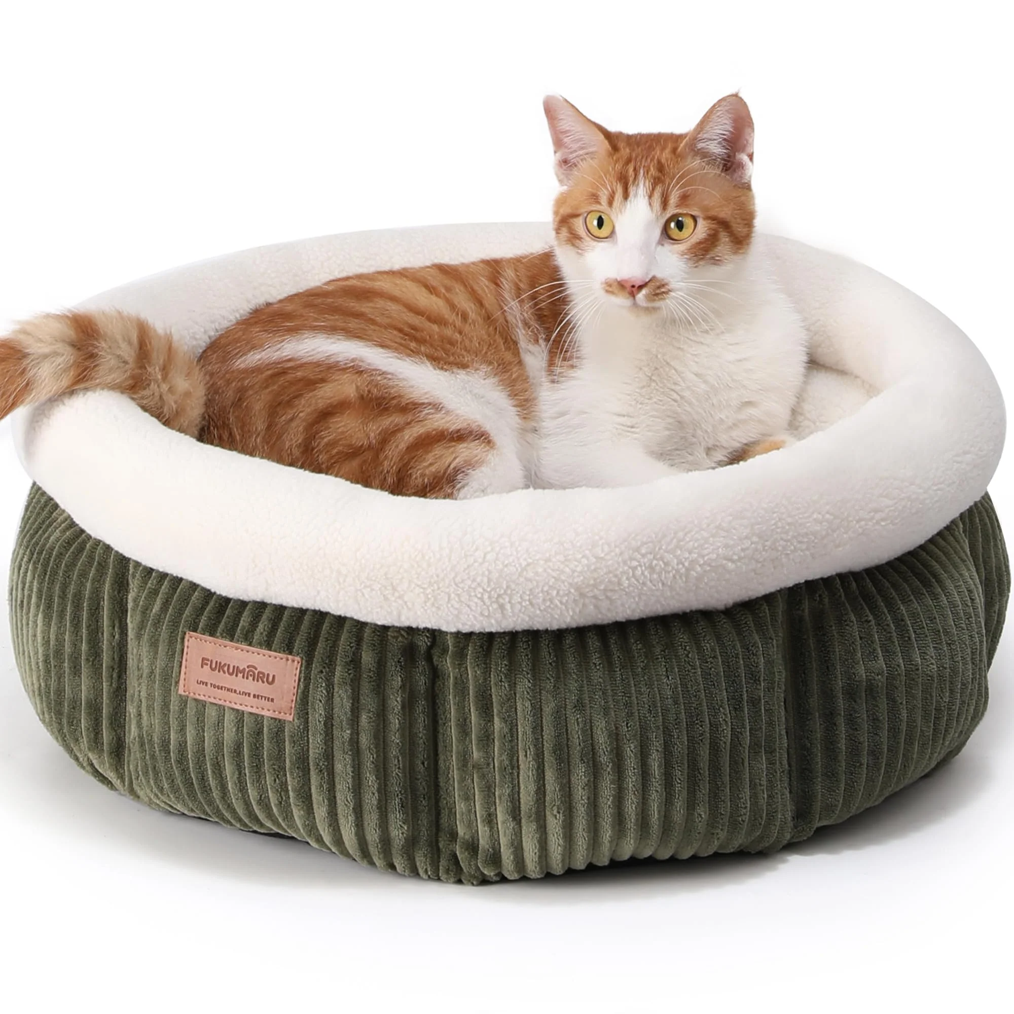 Prestigious FUKUMARU Corduroy Round Cat Bed – Plush Washable Non-Slip Green Fashionable