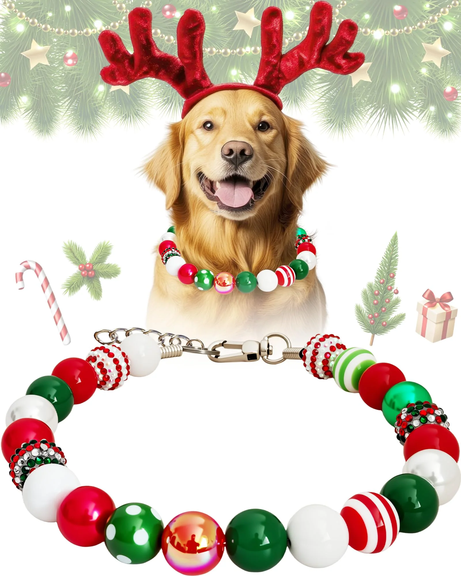 Reusable KUDES Christmas Bubblegum Dog Collar Necklace - Adjustable 16-23.5 in Red Green Bead Collar for Holiday Photos 3XL 22-23.5 in Luxury