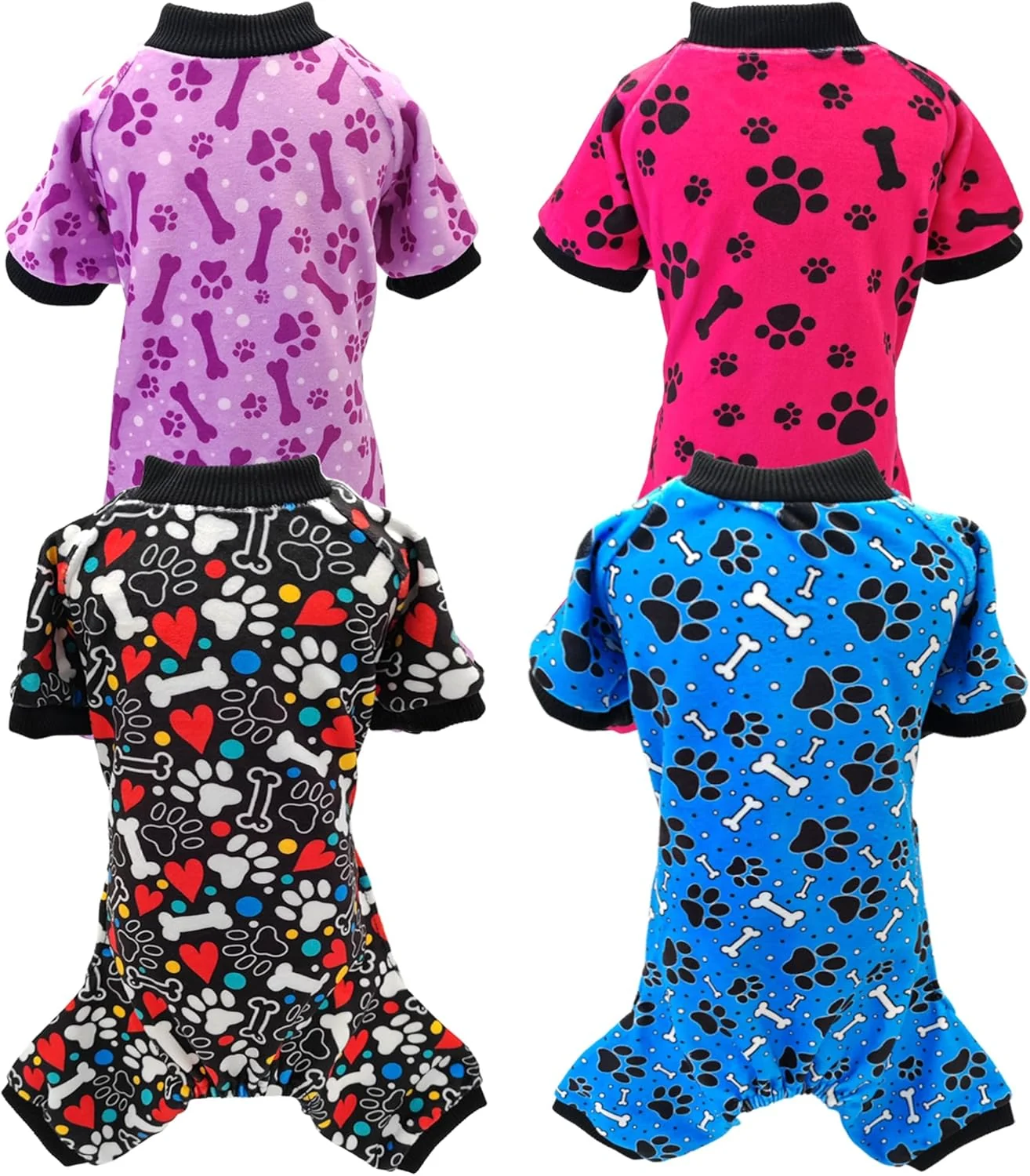 Luxury PET SHOW 4 Pack Small Dog Pajamas Paw Bone Patterns Cute Clothes for Medium Dogs Soft Fleece Stretchy PJs 4 Legged Jumpsuit Puppy Cats Onesies Outfits with Sleeve Dachshund Doggies Girl Boy Large Specialty