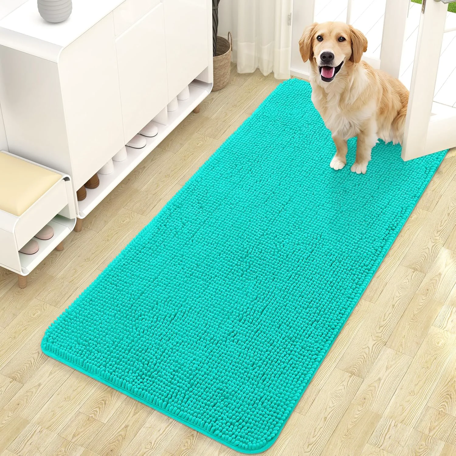Next-Generation OLANLY Dog Door Mat for Muddy Paws 47x24 Absorbs Moisture and Dirt Absorbent Non-Slip Washable Doormat Quick Dry Chenille Mud Mat for Dogs Entry Indoor Entryway Carpet for Inside Floor Teal Sustainable