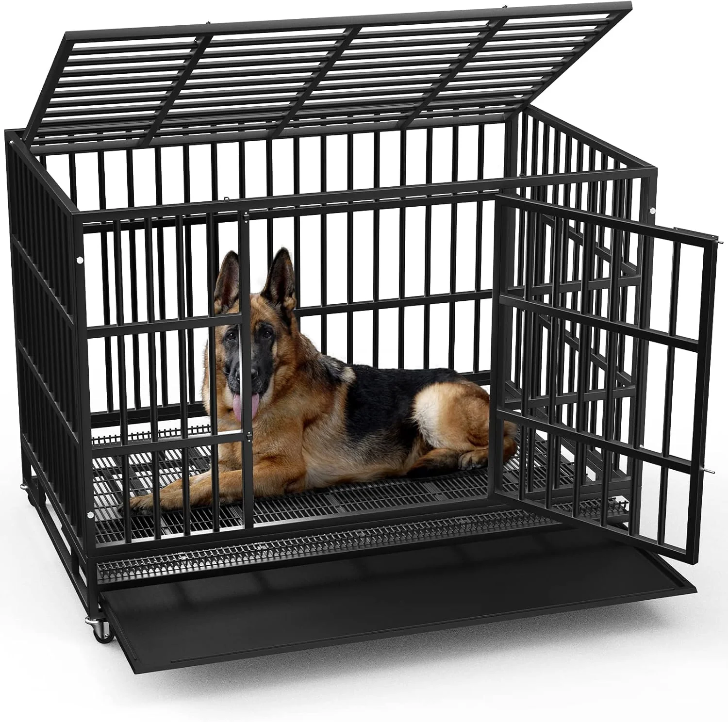 High-Quality LEMBERI 48 38 inch Heavy Duty Indestructible Dog Crate Escape Proof Dogs Cage Kennel with Lockable Wheels High Anxiety Double Door Kennel Extra Large Crate Indoor for Large Dog with Removable Tray Green