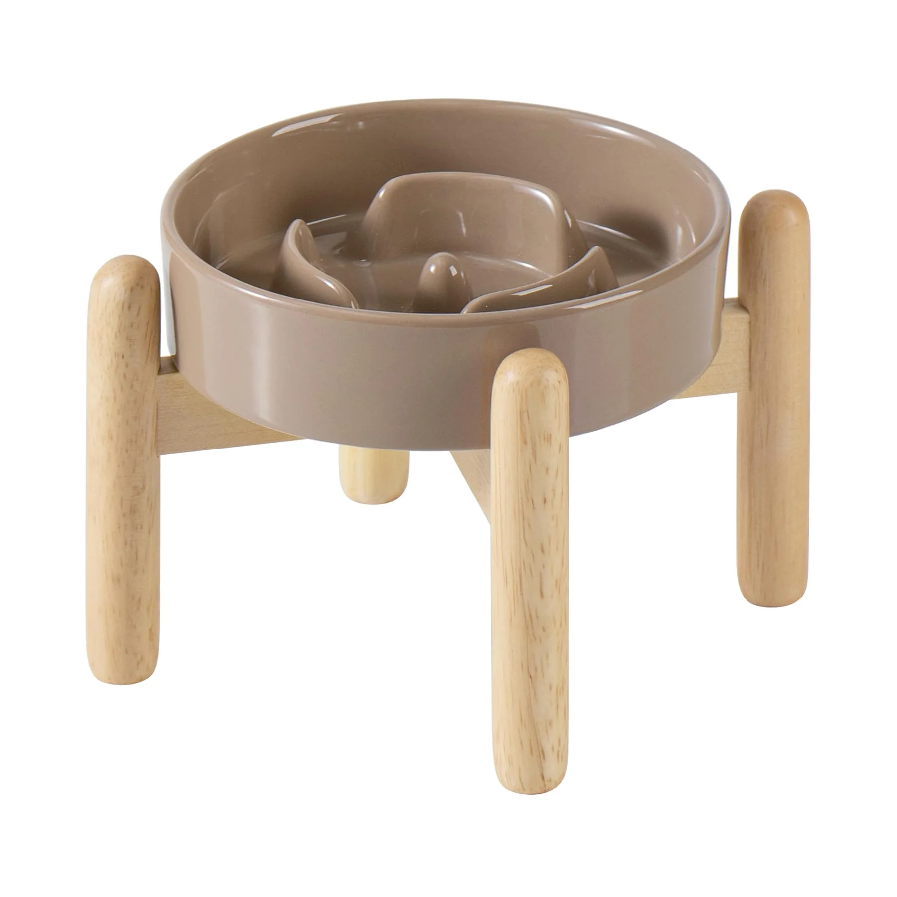 Modern Havniva Ceramic 0.9 Cup Raised Slow Feeder Bowl with Wooden Stand Brown Coffee for Small Dogs Cats Stylish