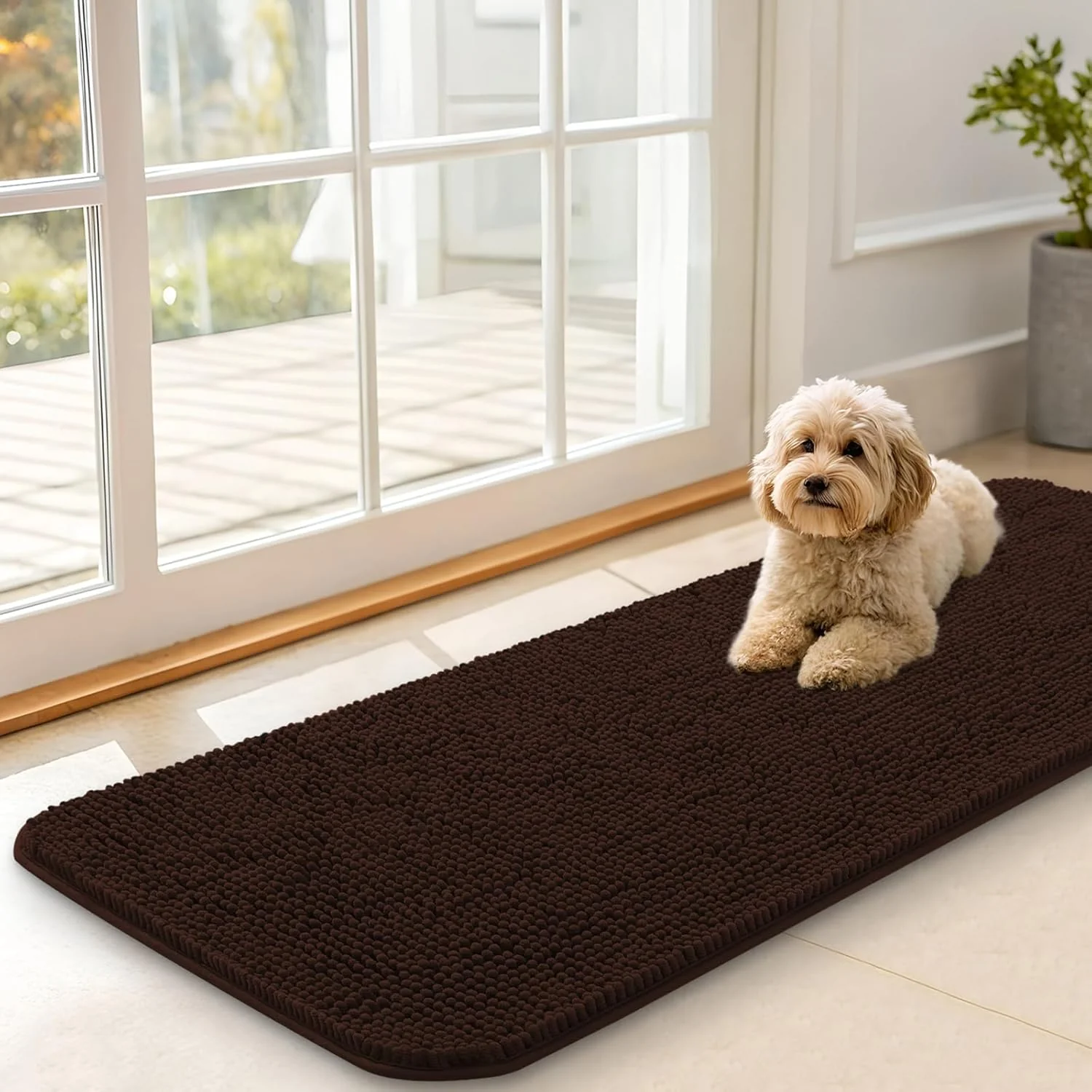 Innovative OLANLY Dog Door Mat for Muddy Paws 47x17 Absorbs Moisture and Dirt Absorbent Non-Slip Washable Doormat Quick Dry Chenille Mud Mat for Dogs Entry Indoor Entryway Carpet for Inside Floor Brown Refined