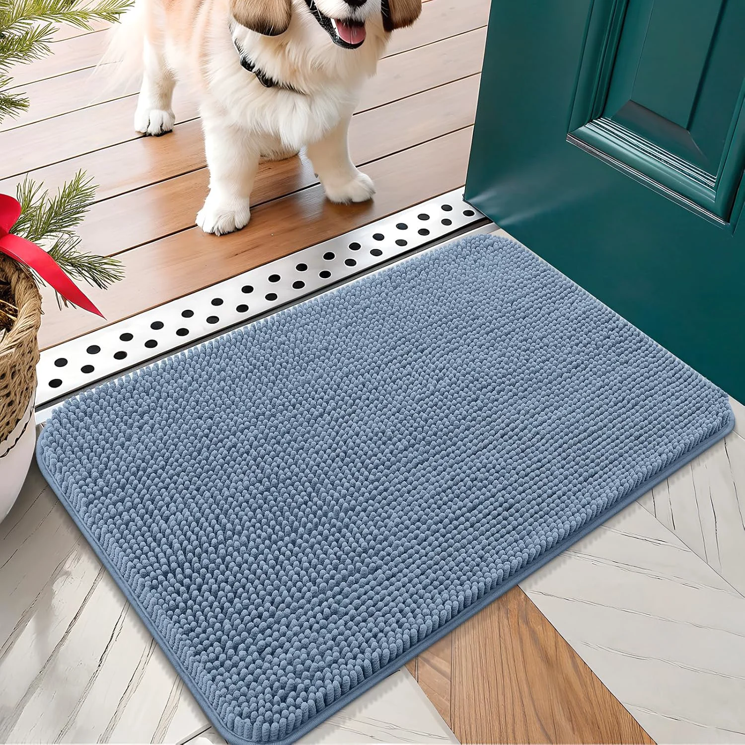 Professional OLANLY Dog Door Mat for Muddy Paws 24x16 Absorbs Moisture and Dirt Absorbent Non-Slip Washable Doormat Quick Dry Chenille Mud Mat for Dogs Entry Indoor Entryway Carpet for Inside Floor Airy Blue Elegant