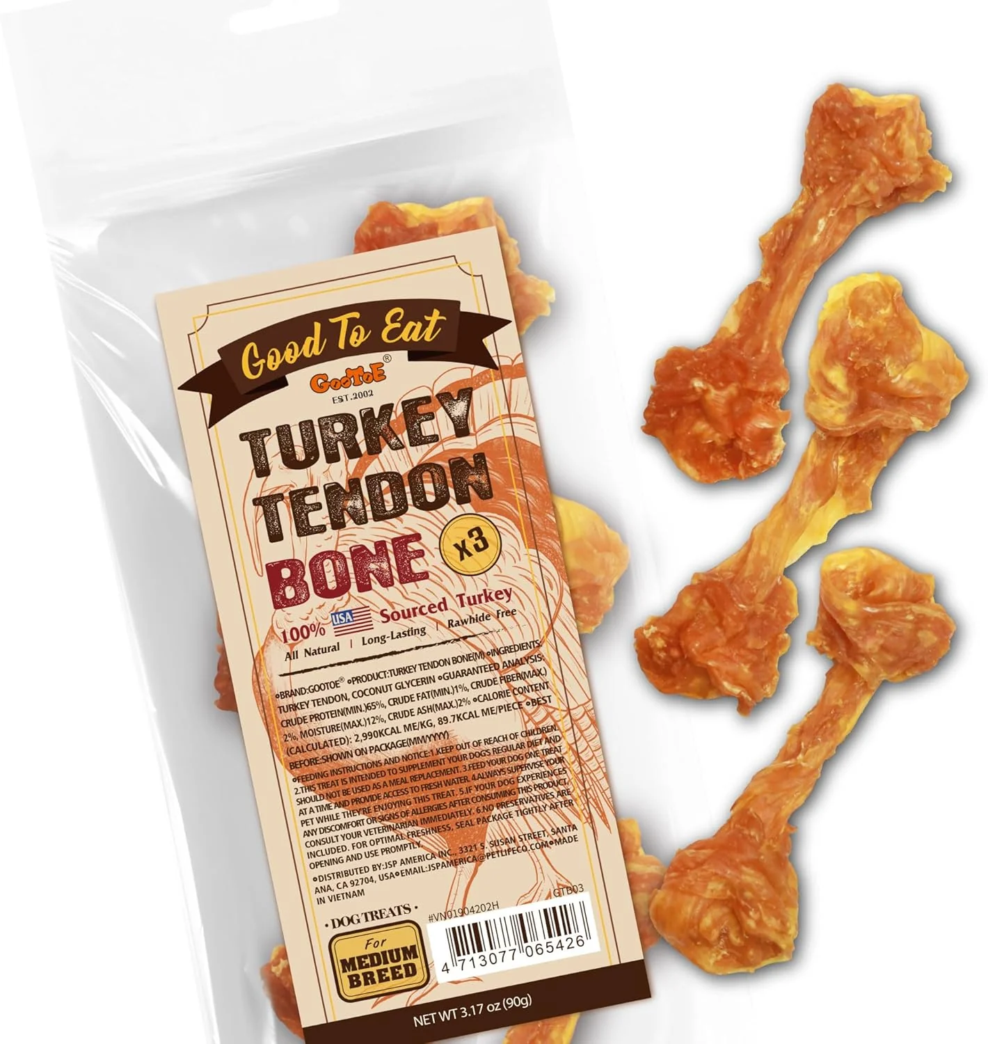 Soft Gootoe Turkey Tendons for Dogs –All-Natural Hypoallergenic Dog Treats Rawhide Long Lasting Puppy Chews Healthy Dog Treats for Medium Breeds Bone M 3 Count Pack Professional