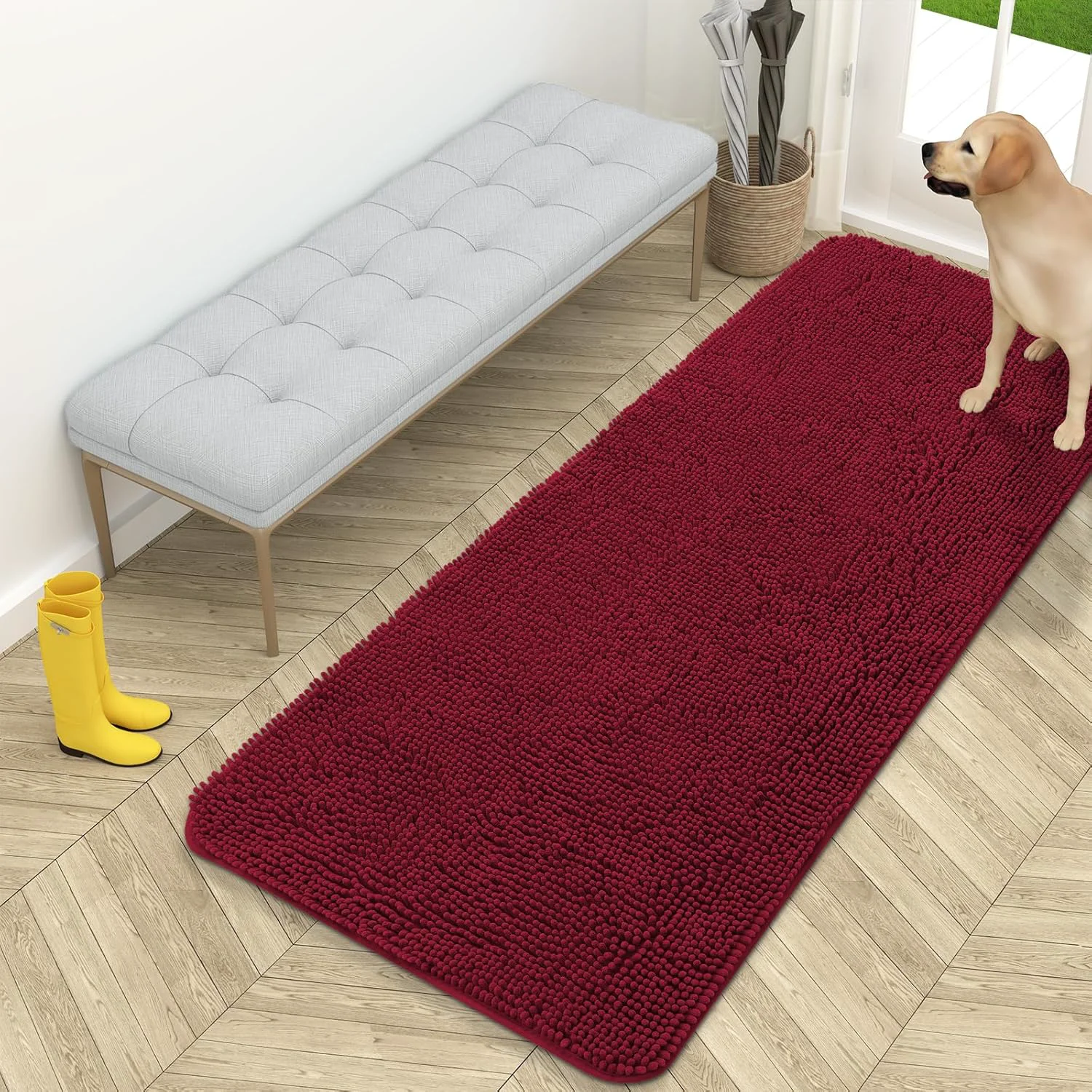 Next-Generation OLANLY Dog Door Mat for Muddy Paws 59x24 Absorbs Moisture and Dirt Absorbent Non-Slip Washable Doormat Quick Dry Chenille Mud Mat for Dogs Entry Indoor Entryway Carpet for Inside Floor Burgundy High-Performance