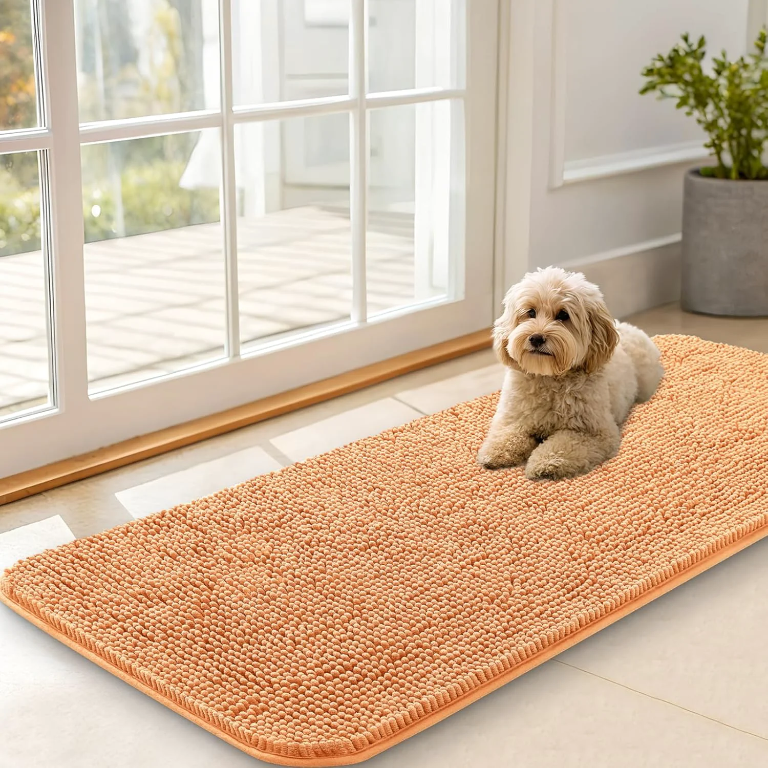 Innovative OLANLY Dog Door Mat for Muddy Paws 47x20 Absorbs Moisture and Dirt Absorbent Non-Slip Washable Doormat Quick Dry Chenille Mud Mat for Dogs Entry Indoor Entryway Carpet for Inside Floor Orange Outstanding