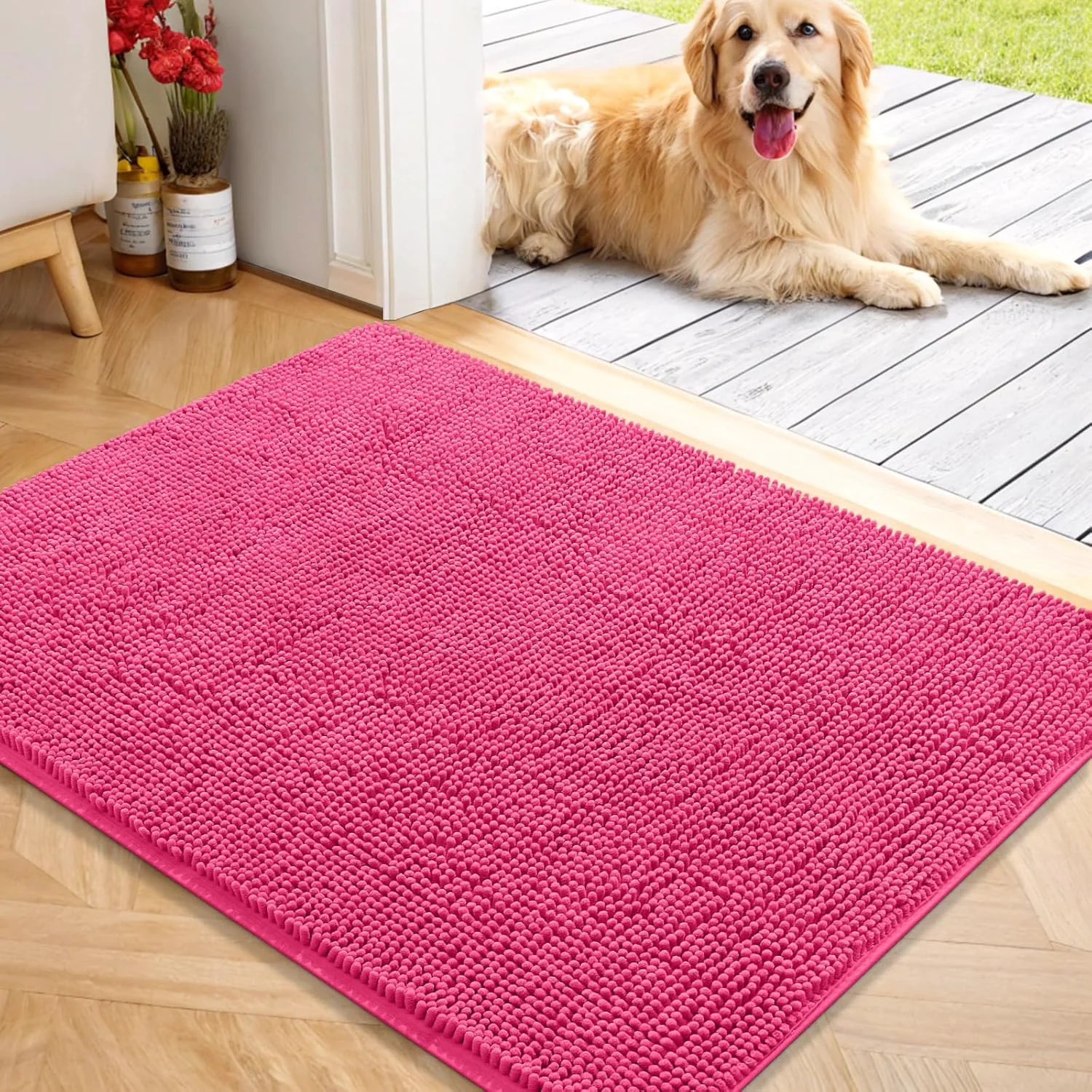 Premium Material OLANLY Dog Door Mat for Muddy Paws 40x32 Absorbs Moisture and Dirt Absorbent Non-Slip Washable Doormat Quick Dry Chenille Mud Mat for Dogs Entry Indoor Entryway Carpet for Inside Floor Hot Pink Optimized