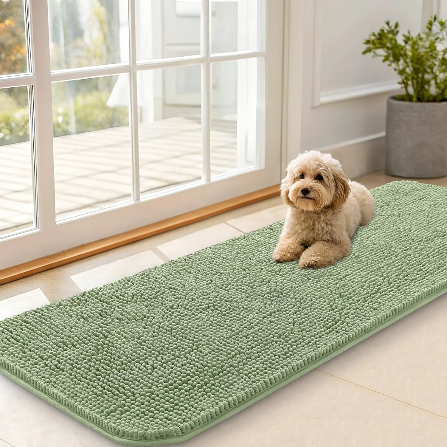 High-Grade OLANLY Dog Door Mat for Muddy Paws 59x20 Absorbs Moisture and Dirt Absorbent Non-Slip Washable Doormat Quick Dry Chenille Mud Mat for Dogs Entry Indoor Entryway Carpet for Inside Floor Sage Green Healthy