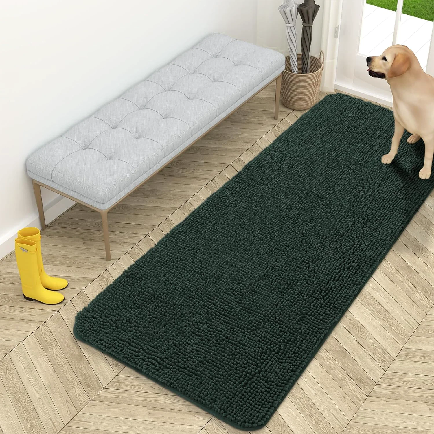 Pure OLANLY Dog Door Mat for Muddy Paws 59x24 Absorbs Moisture and Dirt Absorbent Non-Slip Washable Doormat Quick Dry Chenille Mud Mat Entry Indoor Entryway Carpet for Inside Floor Blackish Green Contemporary