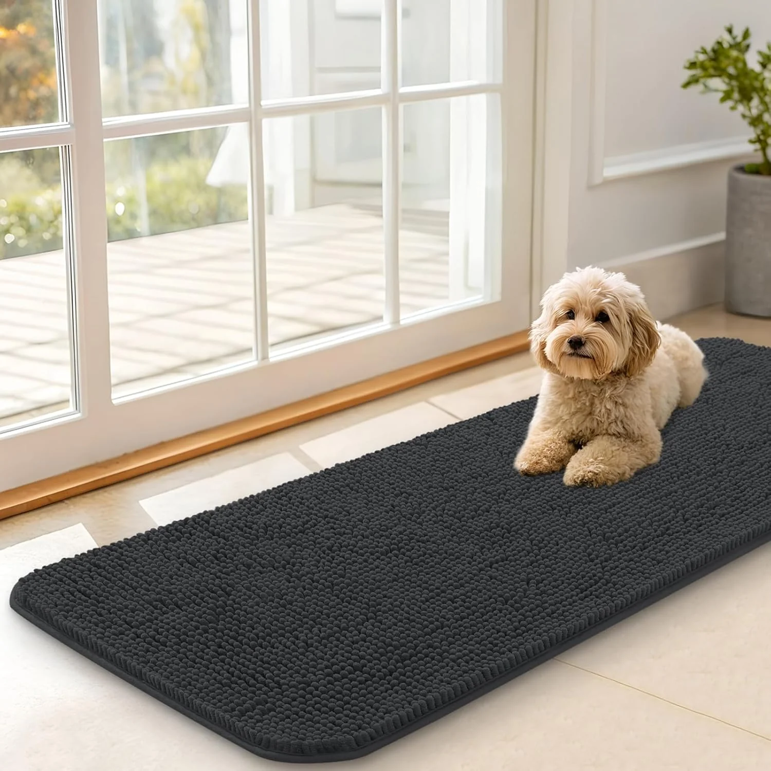 Pure OLANLY Dog Door Mat for Muddy Paws 47x17 Absorbs Moisture and Dirt Absorbent Non-Slip Washable Doormat Quick Dry Chenille Mud Mat for Dogs Entry Indoor Entryway Carpet for Inside Floor Dark Grey Practical