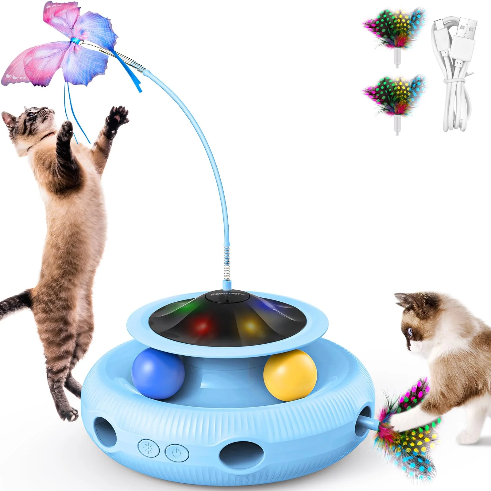 Genuine Pawtners 3-in-1 Interactive Cat Toy for Indoor Cats Rotating Butterfly Track Ball Feathers Eco-Friendly