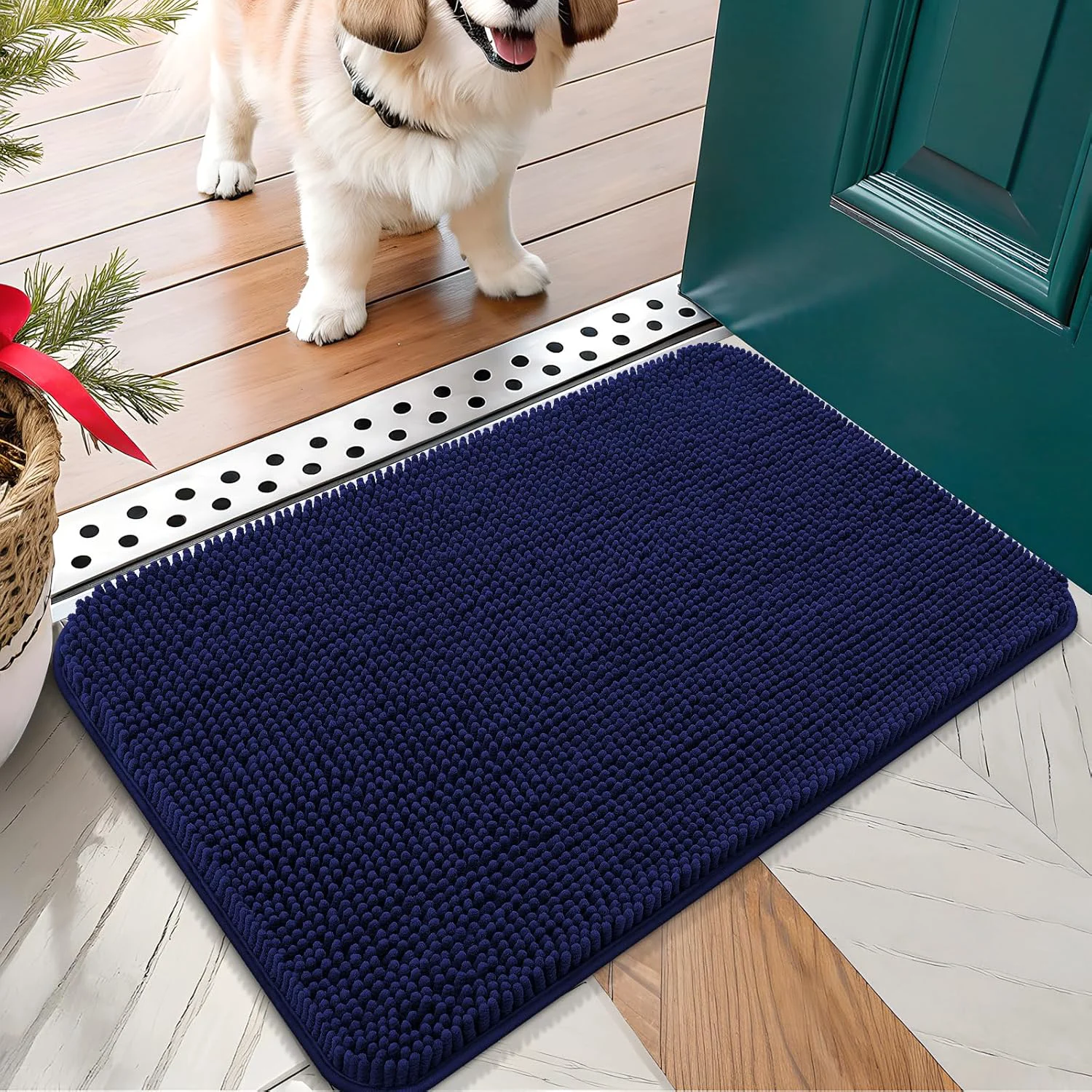 Prestigious OLANLY Dog Door Mat for Muddy Paws 24x16 Absorbs Moisture and Dirt Absorbent Non-Slip Washable Doormat Quick Dry Chenille Mud Mat for Dogs Entry Indoor Entryway Carpet for Inside Floor Navy Blue Reusable