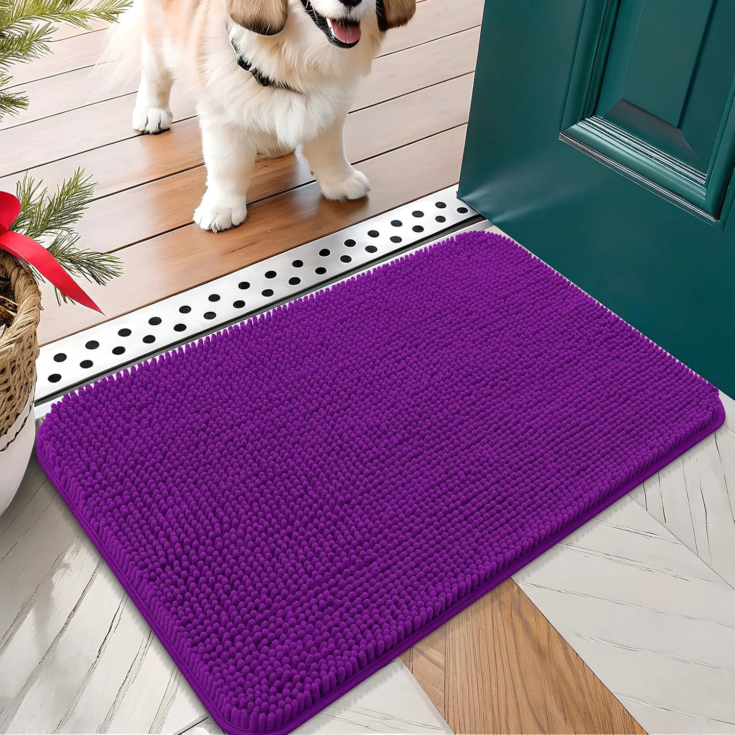 Minimalist OLANLY Dog Door Mat for Muddy Paws 24x16 Absorbs Moisture and Dirt Absorbent Non-Slip Washable Doormat Quick Dry Chenille Mud Mat for Dogs Entry Indoor Entryway Carpet for Inside Floor Purple Efficient