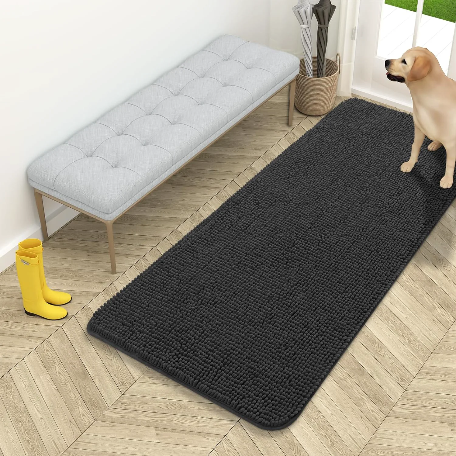 Healthy OLANLY Dog Door Mat for Muddy Paws 54x24 Absorbs Moisture and Dirt Absorbent Non-Slip Washable Doormat Quick Dry Chenille Mud Mat for Dogs Entry Indoor Entryway Carpet for Inside Floor Dark Grey Superior