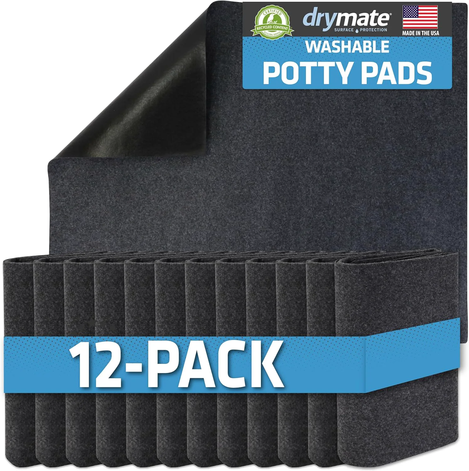 High-End Drymate 12-Pack Washable Pee Pads for Dogs 29x36 Waterproof Absorbent Slip-Resistant Reusable Pet Training Potty Puppy Mats Housebreaking Incontinence Bed Pads Crate Kennel USA Made Elite