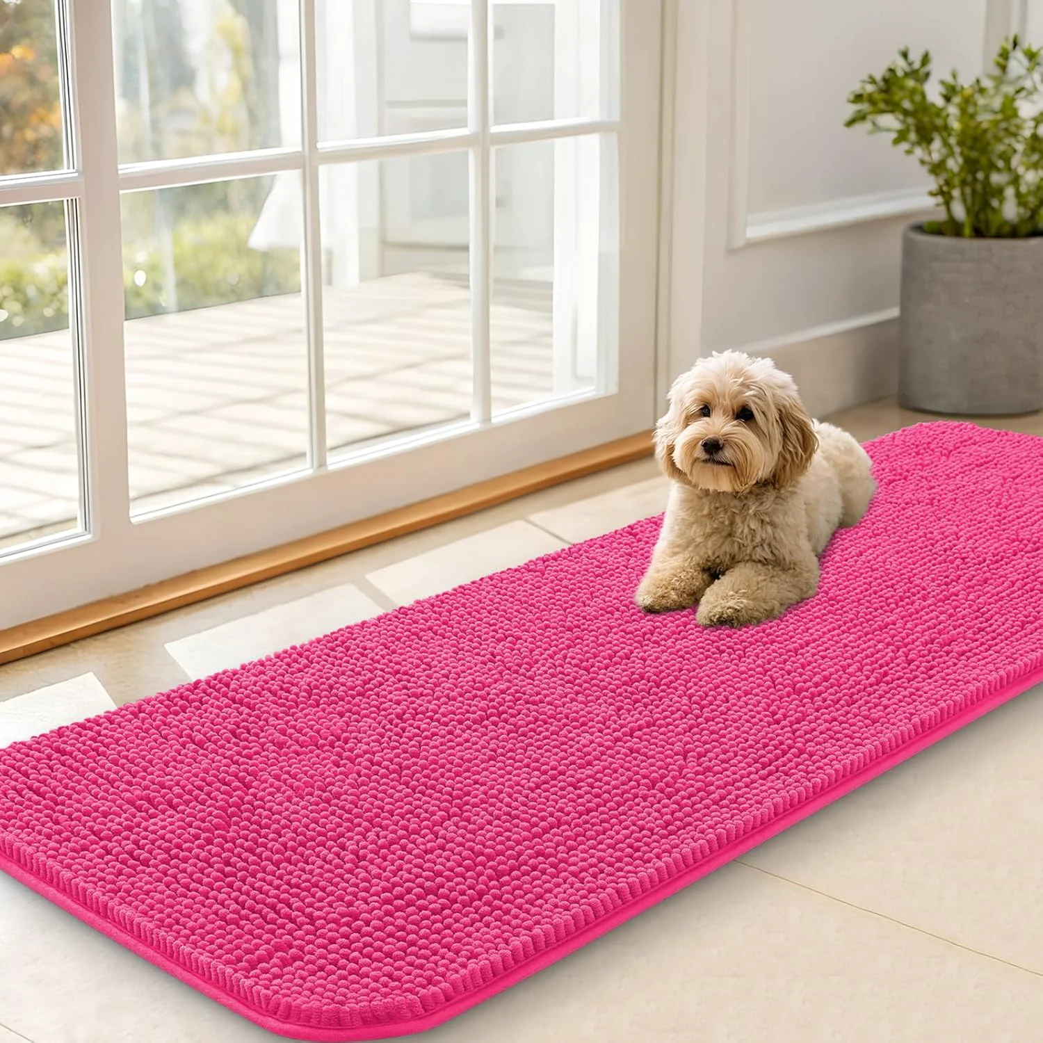 Minimalist OLANLY Dog Door Mat for Muddy Paws 59x20 Absorbs Moisture and Dirt Absorbent Non-Slip Washable Doormat Quick Dry Chenille Mud Mat for Dogs Entry Indoor Entryway Carpet for Inside Floor Hot Pink Detailed