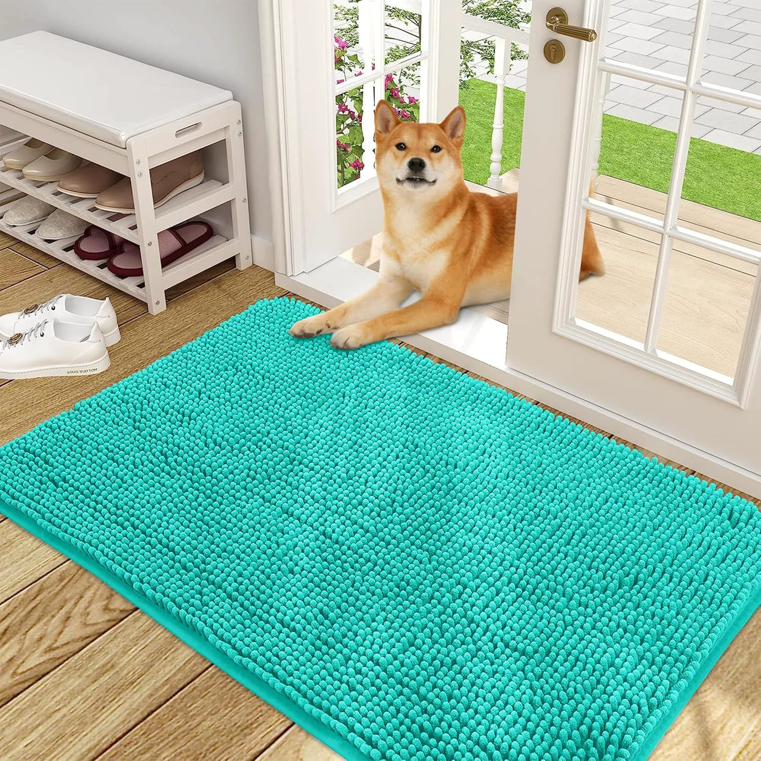 Natural OLANLY Dog Door Mat for Muddy Paws 48x30 Absorbs Moisture and Dirt Absorbent Non-Slip Washable Doormat Quick Dry Chenille Mud Mat for Dogs Entry Indoor Entryway Carpet for Inside Floor Teal Professional