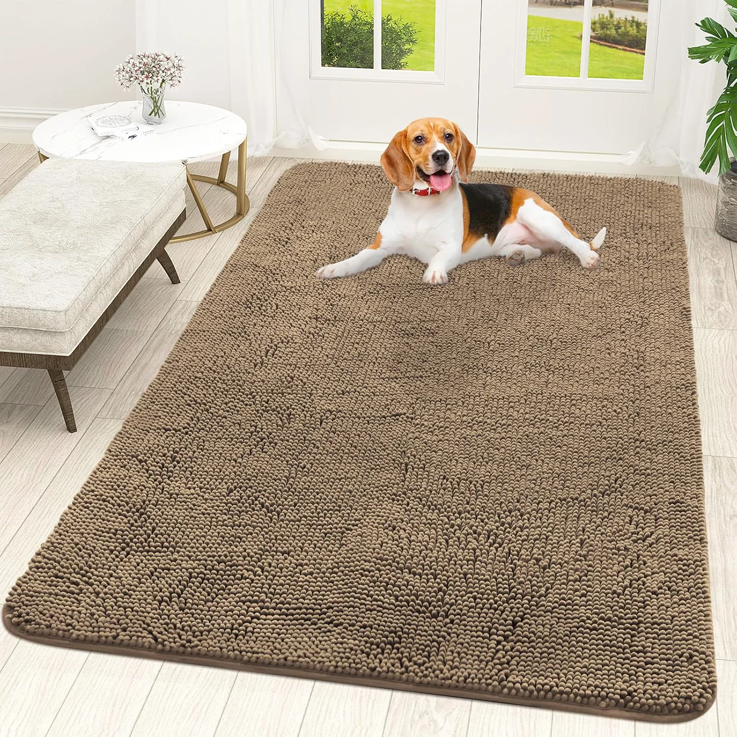 Official OLANLY Dog Door Mat for Muddy Paws 59x35 Absorbs Moisture and Dirt Absorbent Non-Slip Washable Doormat Quick Dry Chenille Mud Mat for Dogs Entry Indoor Entryway Carpet for Inside Floor Tan Proven
