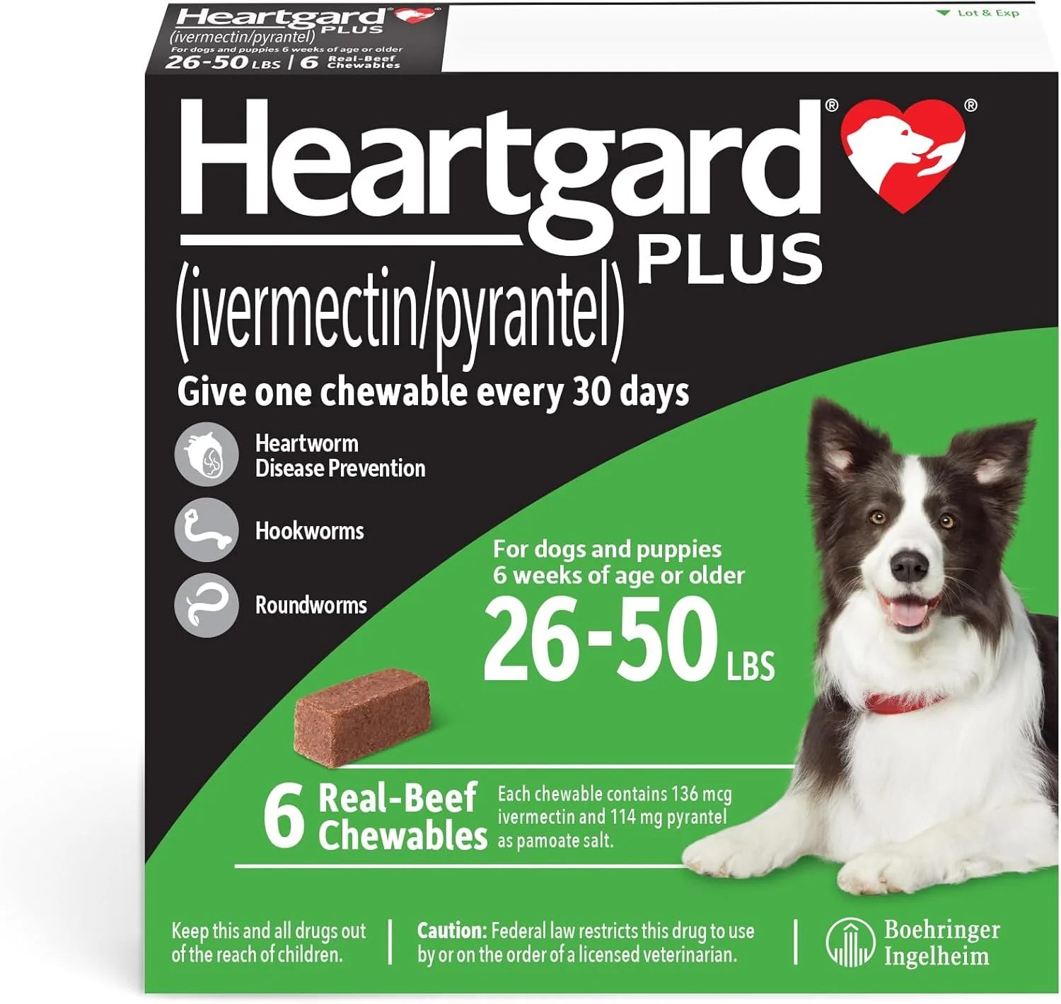 Efficient HEARTGARD® Plus ivermectin pyrantel -Beef Chewables for Dogs 26-50 lbs Green Box 6 Month Supply of Chews Heartworm Disease Preventive Genuine