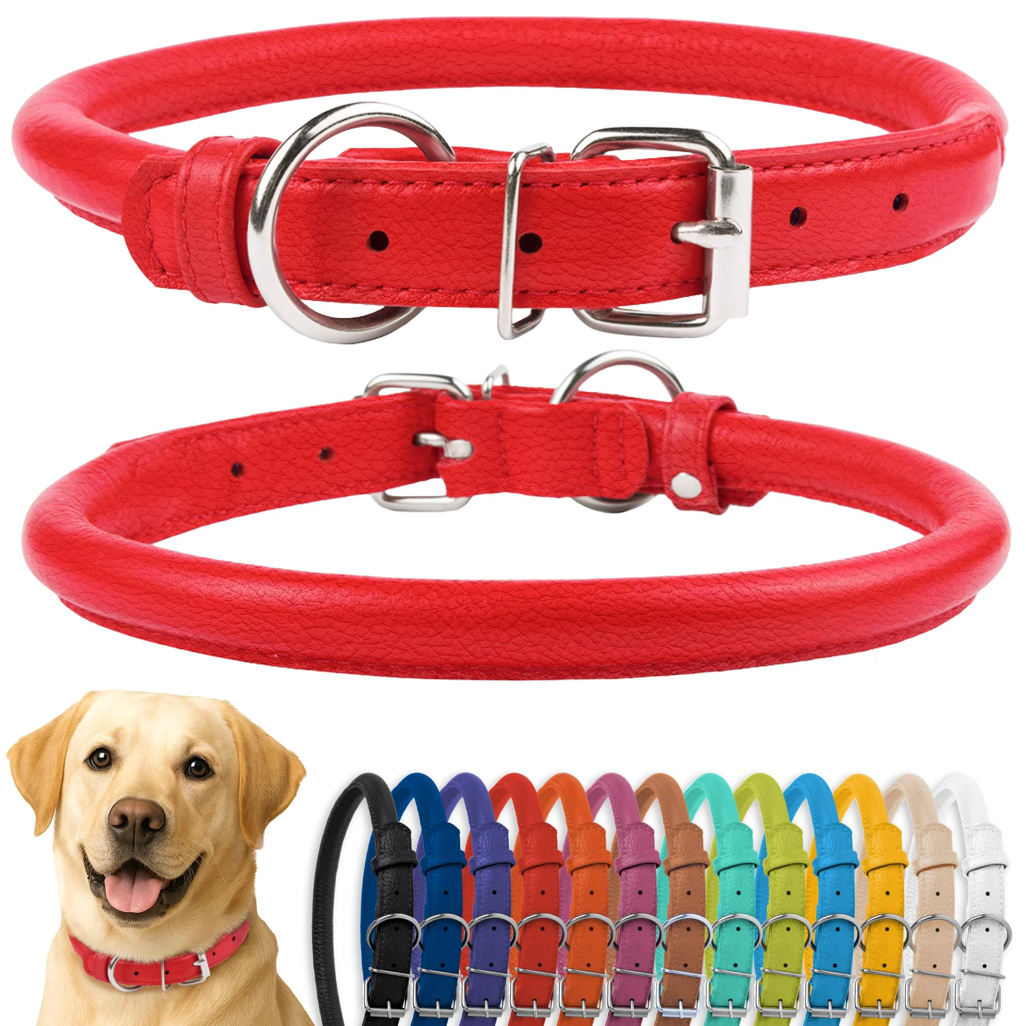 Official CollarDirect Rolled Leather Dog Collar – Soft Padded Handmade Leather 15-19 Inch 13 Colors Red Textured Flexible