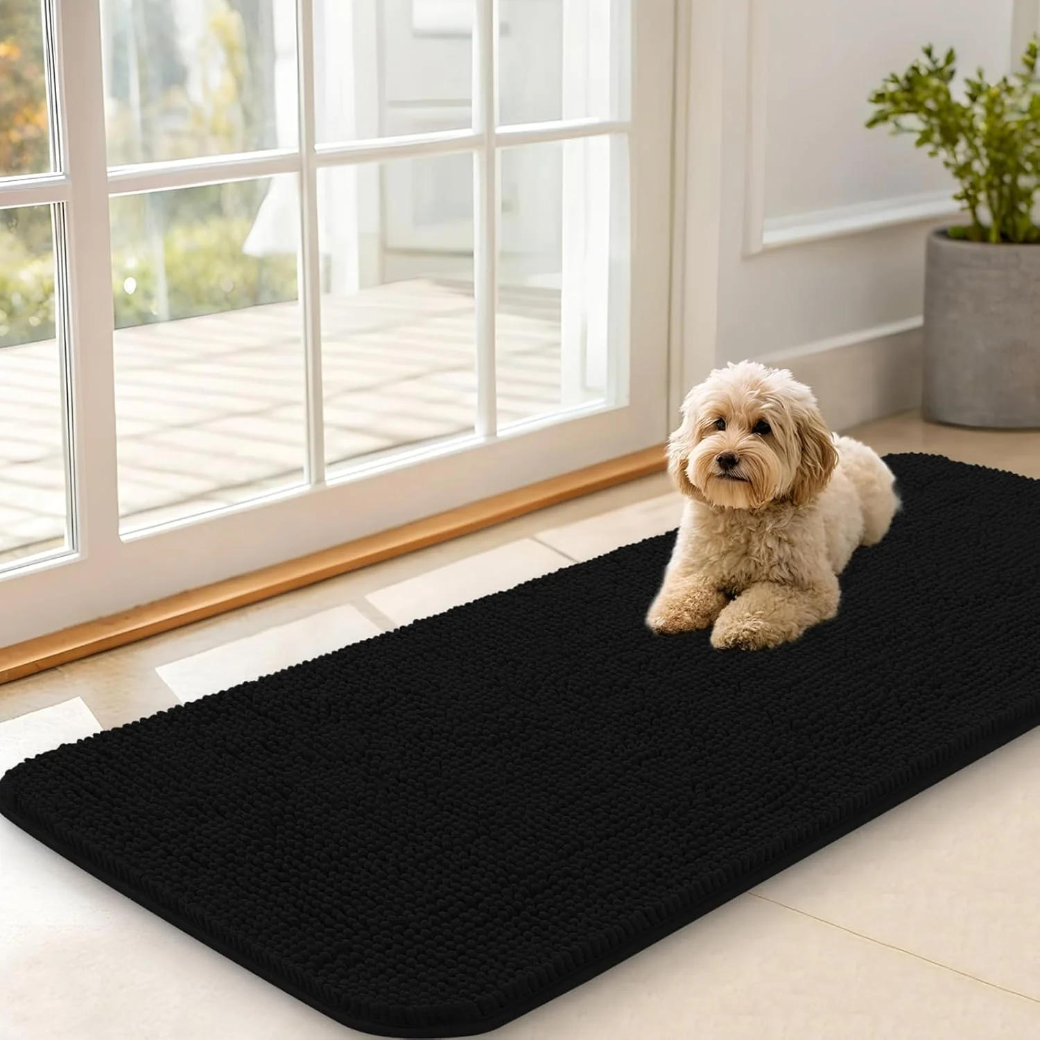Long-Lasting OLANLY Dog Door Mat for Muddy Paws 47x20 Absorbs Moisture and Dirt Absorbent Non-Slip Washable Doormat Quick Dry Chenille Mud Mat for Dogs Entry Indoor Entryway Carpet for Inside Floor Black Organic