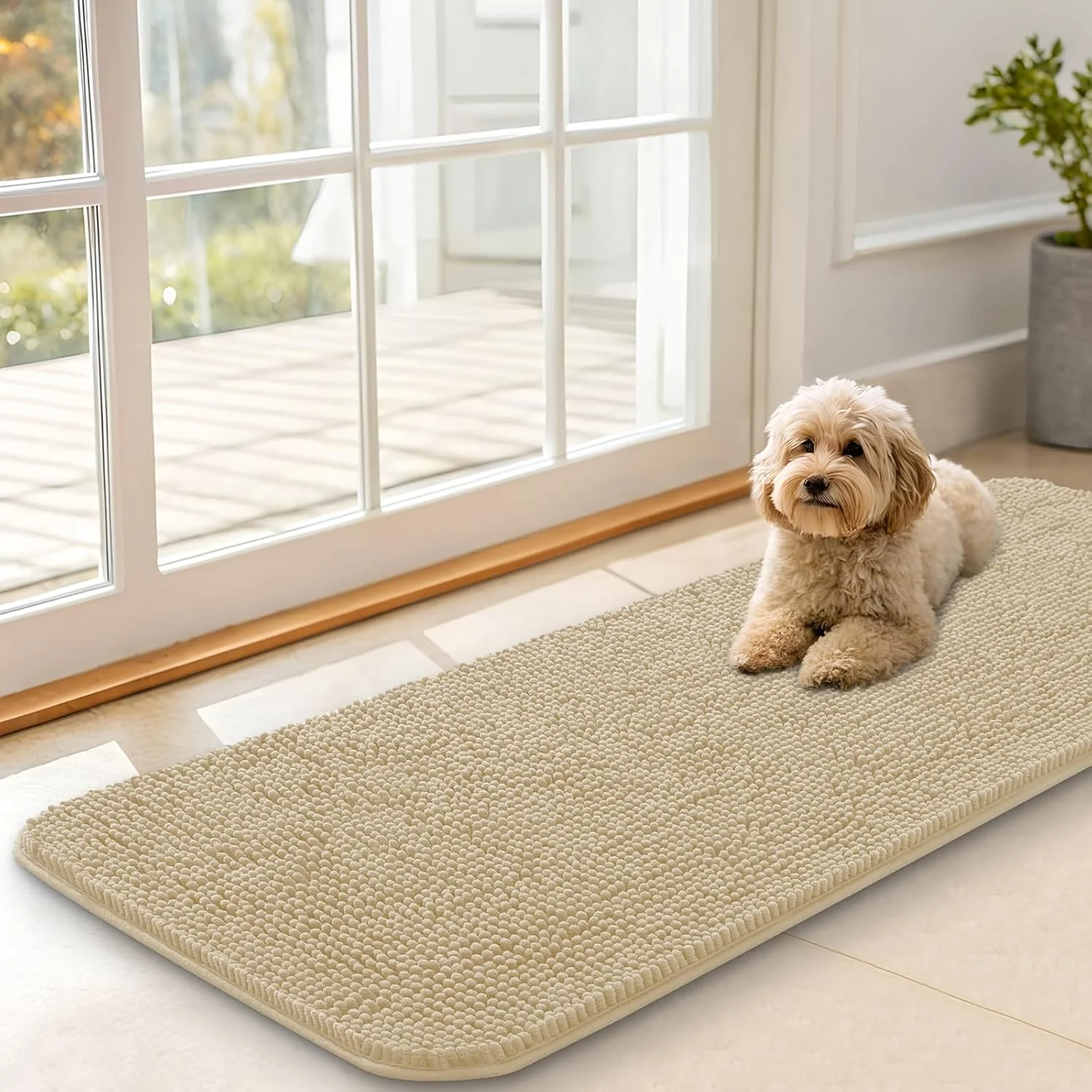 Pure OLANLY Dog Door Mat for Muddy Paws 47x17 Absorbs Moisture and Dirt Absorbent Non-Slip Washable Doormat Quick Dry Chenille Mud Mat for Dogs Entry Indoor Entryway Carpet for Inside Floor Beige Smart