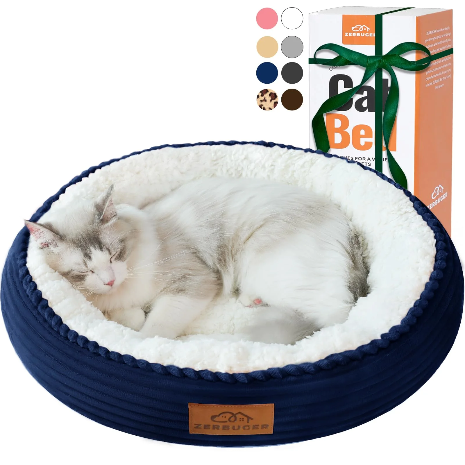 Environmentally Friendly Zerbuger 20in Round Donut Cat Bed – Navy Blue Washable Anti-Slip Bottom Certified