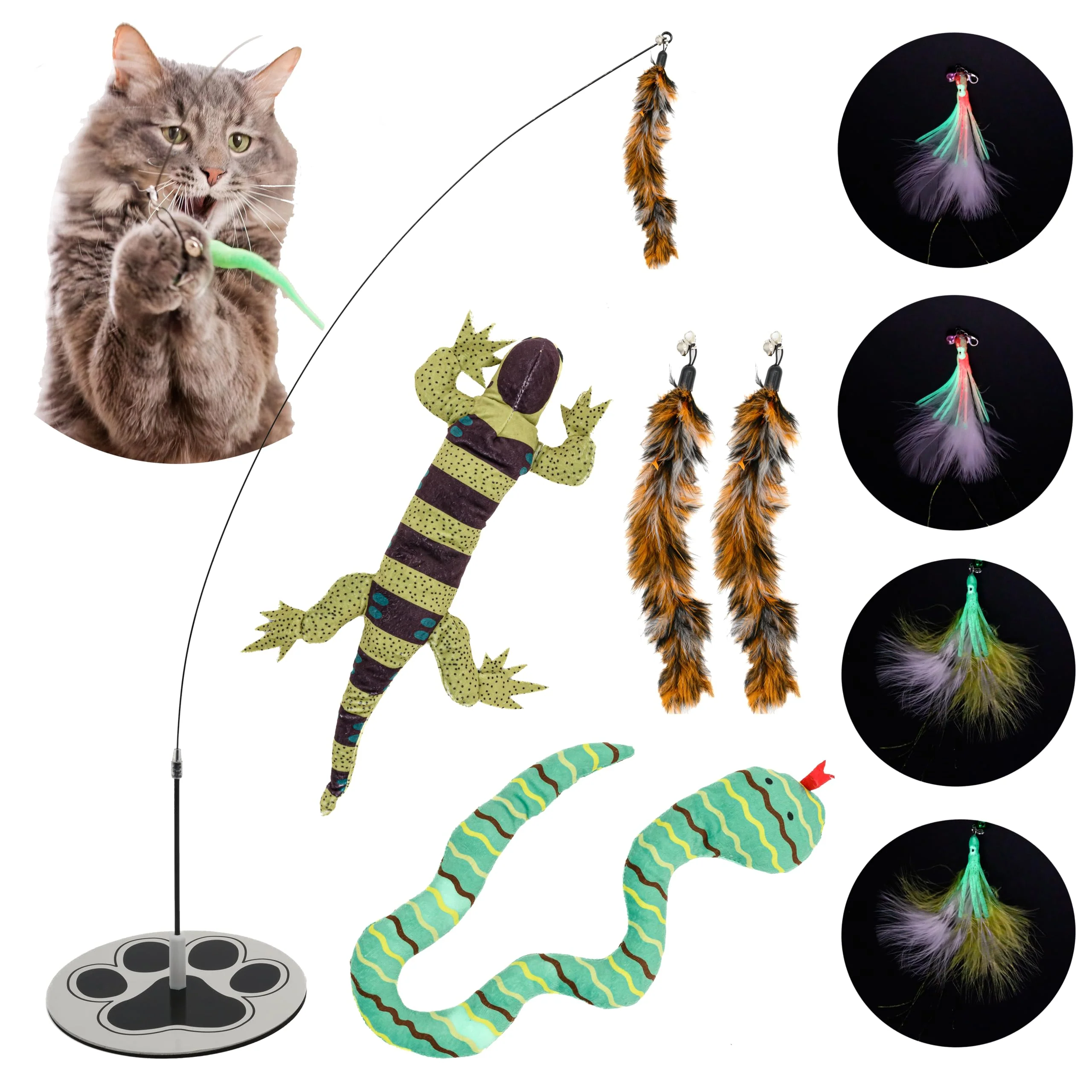 Outstanding GADGETSOLOGY Cat Wand Toy with Round Base – Interactive Feathers Glow-in-the-Dark Octopus Attachments Premium Material
