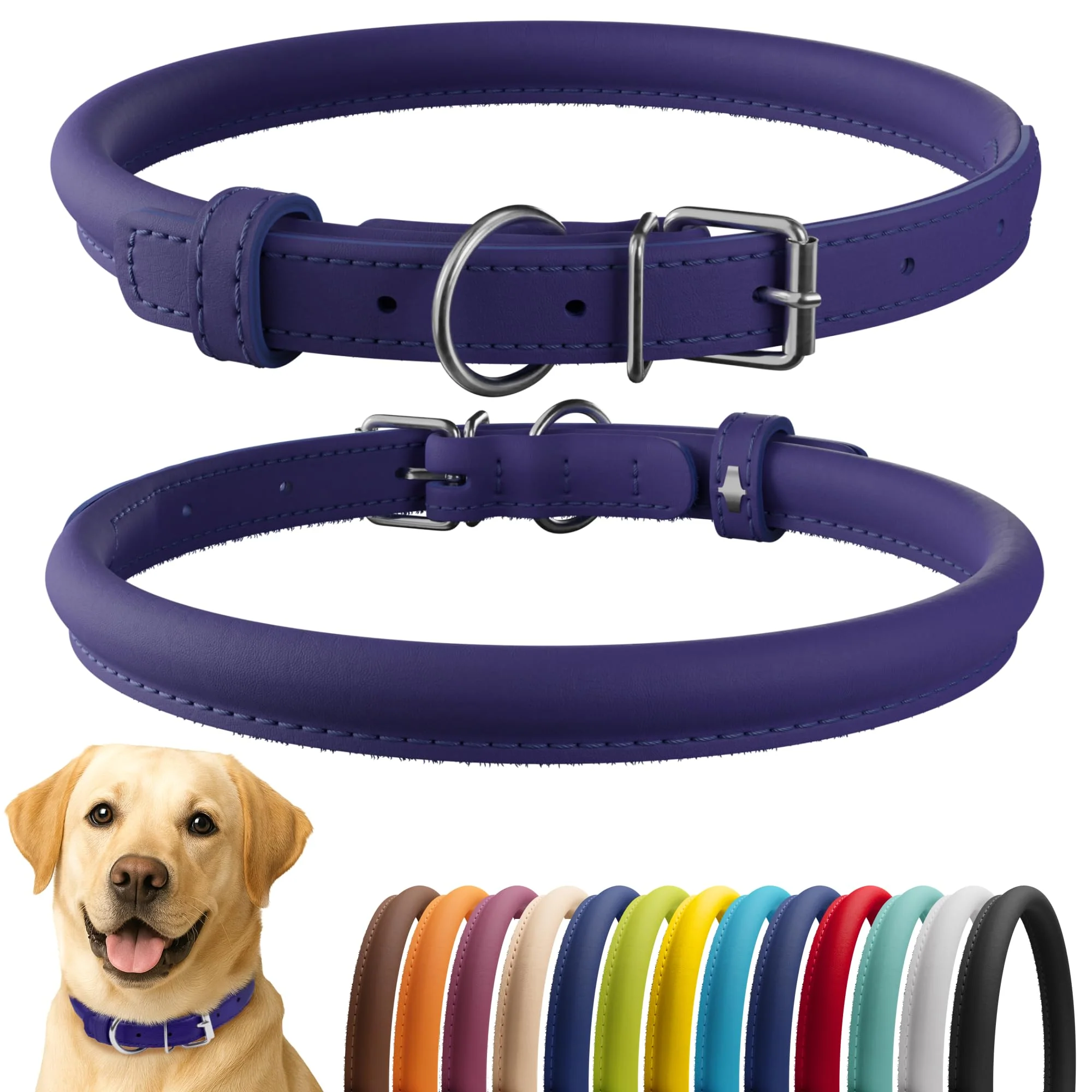Refined CollarDirect Rolled Leather Dog Collar – Soft Padded 18–22 in 13 Colors Purple Smooth Versatile