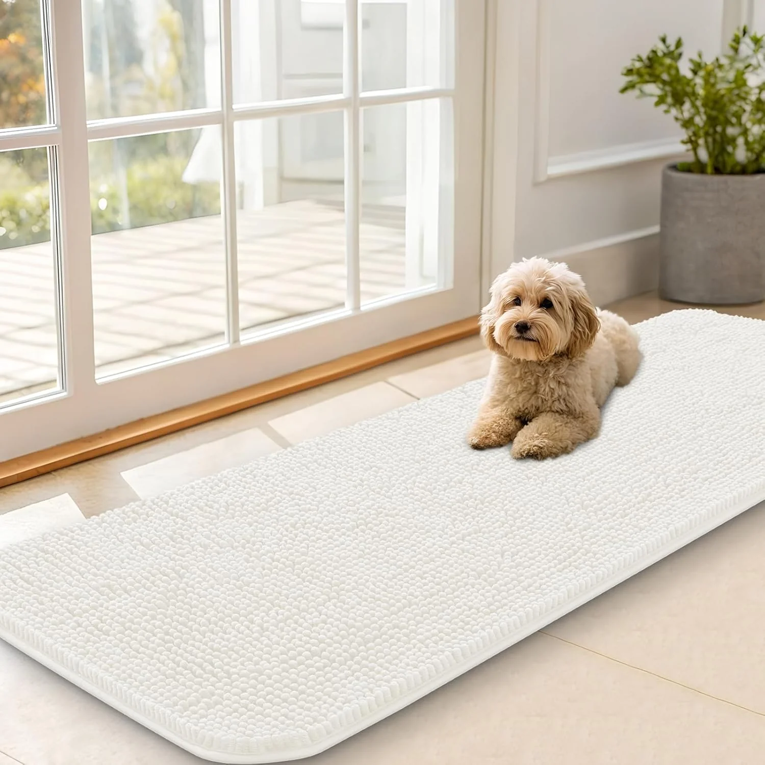 Functional OLANLY Dog Door Mat for Muddy Paws 59x20 Absorbs Moisture and Dirt Absorbent Non-Slip Washable Doormat Quick Dry Chenille Mud Mat for Dogs Entry Indoor Entryway Carpet for Inside Floor Ivory Premium Material