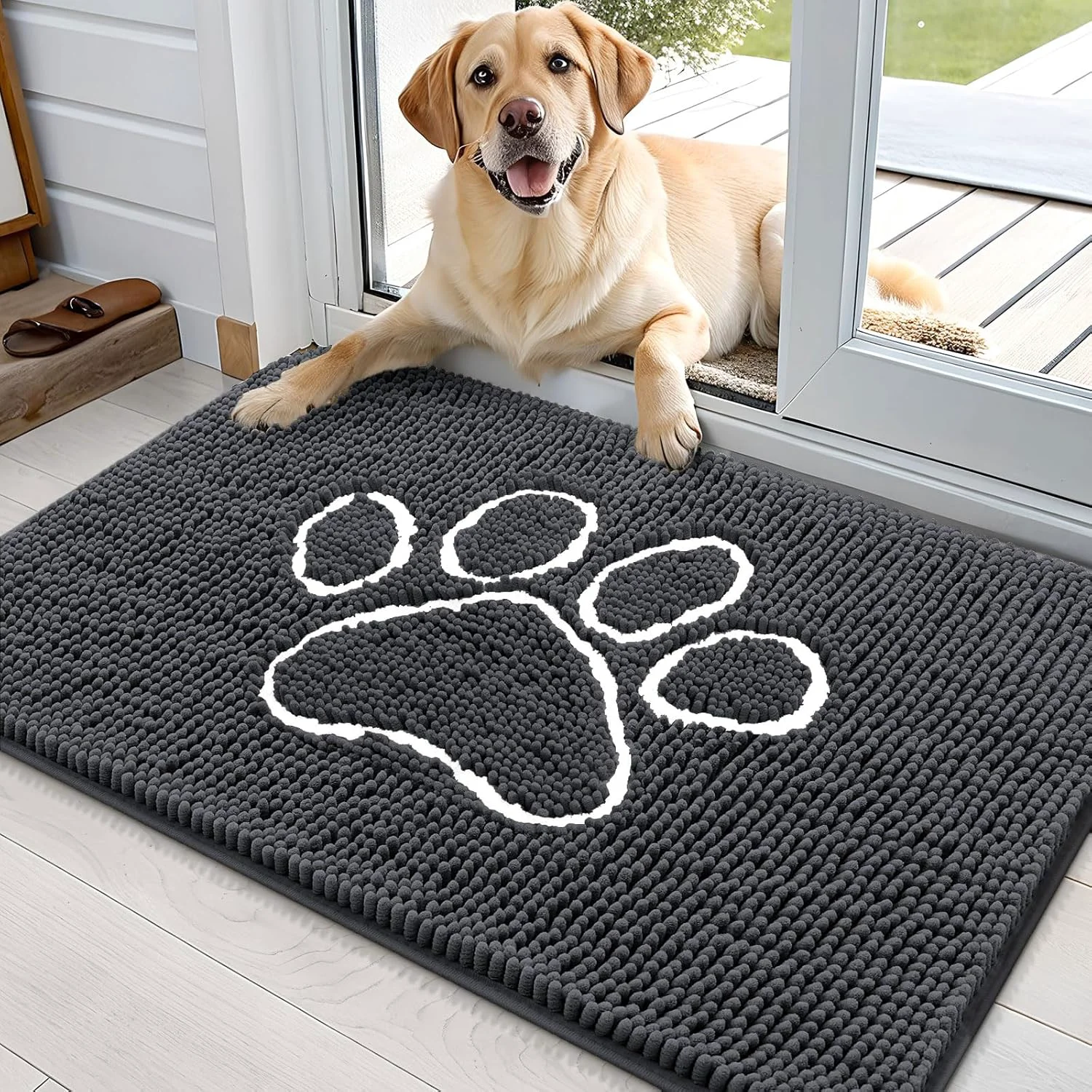 High-End OLANLY Door Mat for Muddy Dog Paws 36x24 Ultra Absorbent Chenille Mud Doormat with Paw Print Design Non-Slip Washable Doormat for Indoor Entryway Quick-Dry Pet Bed Mats for Dirty Dogs Dark Grey First-Class