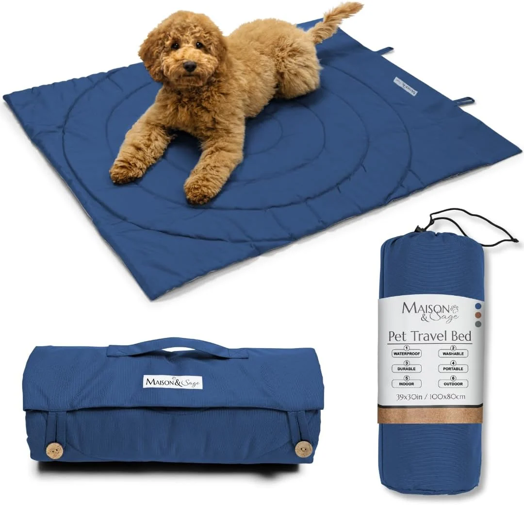 Premium Material Portable Dog Mat - Waterproof Foldable Pet Bed - I for Indoor Outdoor Cafes Travel Camping Grooming Training - 39 x30 - Includes Carry Bag - Durable Washable Lightweight - Blue Relaxed