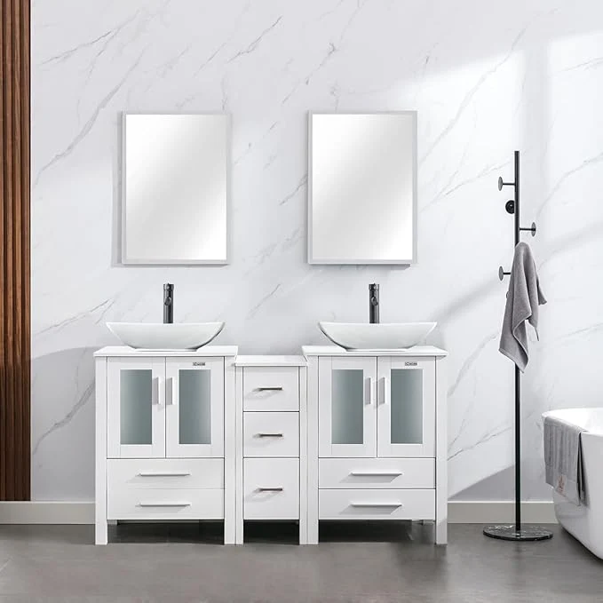 Pure eclife 60 Modern Bathroom Vanity Sink Combo standing Cabinet with Small Side Cabinet White Curved Ceramic Vessel Sink Water Save Faucet Drain White T32 About ThisOverview Relaxed