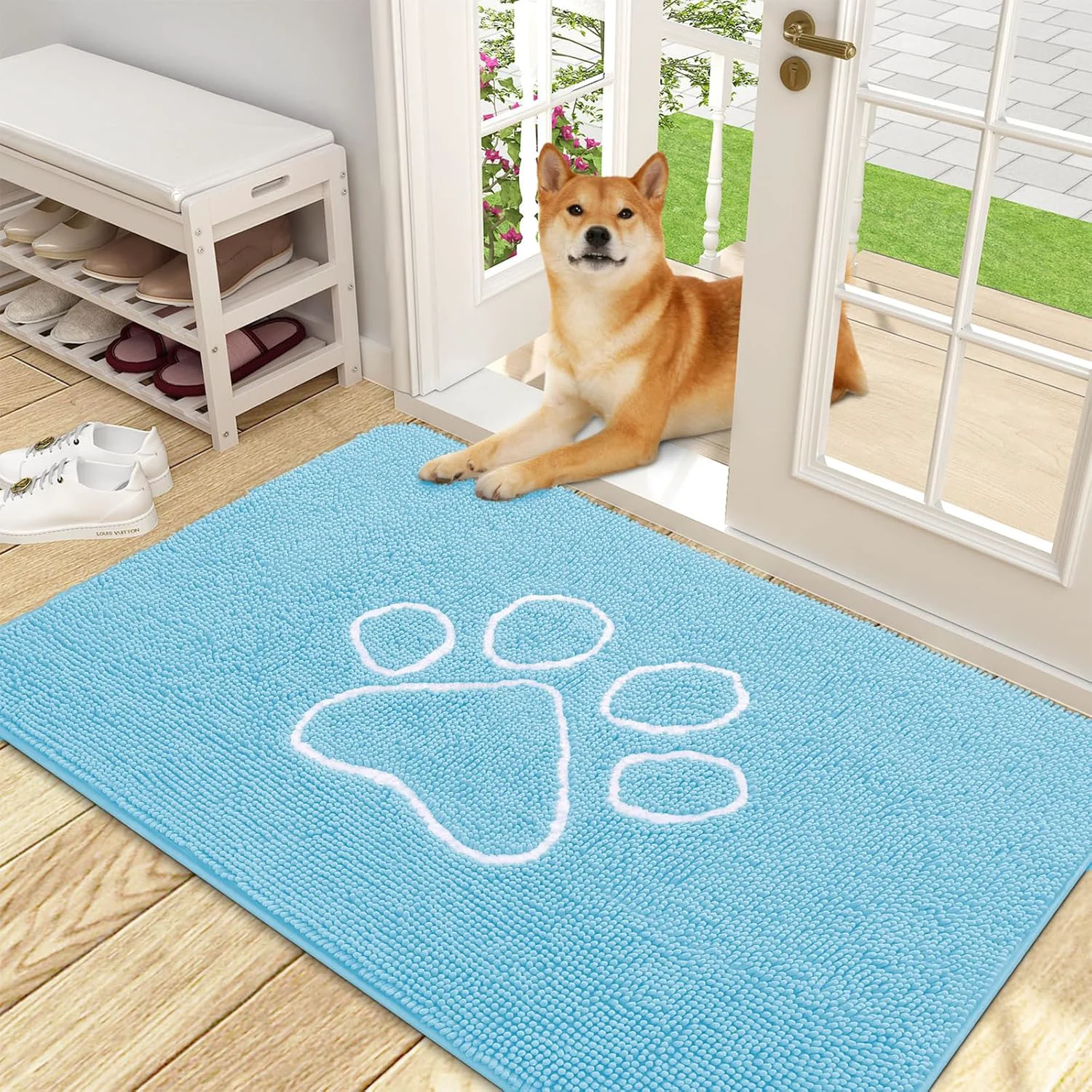 Original Design OLANLY Door Mat for Muddy Dog Paws 48x30 Ultra Absorbent Chenille Mud Doormat with Paw Print Design Non-Slip Washable Doormat for Indoor Entryway Quick-Dry Pet Bed Mats for Dirty Dogs Blue Elite