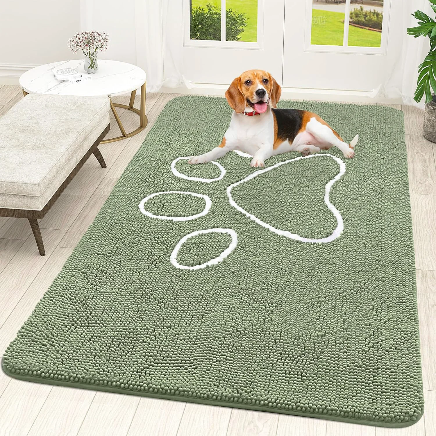 Modern OLANLY Door Mat for Muddy Dog Paws 70x46 Ultra Absorbent Chenille Mud Doormat with Paw Print Design Non-Slip Washable Doormat for Indoor Entryway Quick-Dry Pet Bed Mats for Dirty Dogs Sage Green Stylish