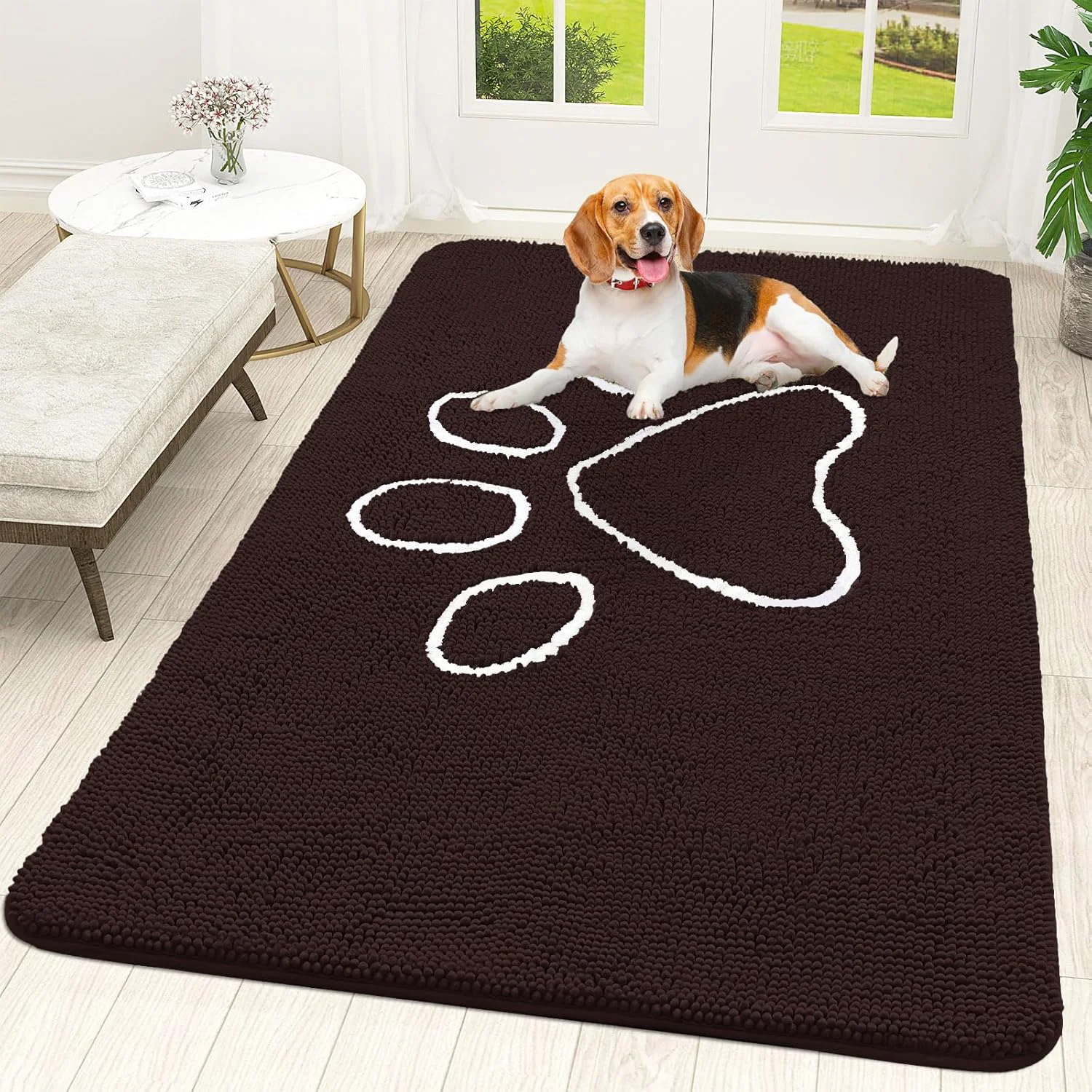 Healthy OLANLY Door Mat for Muddy Dog Paws 70x46 Ultra Absorbent Chenille Mud Doormat with Paw Print Design Non-Slip Washable Doormat for Indoor Entryway Quick-Dry Pet Bed Mats for Dirty Dogs Brown Stylish