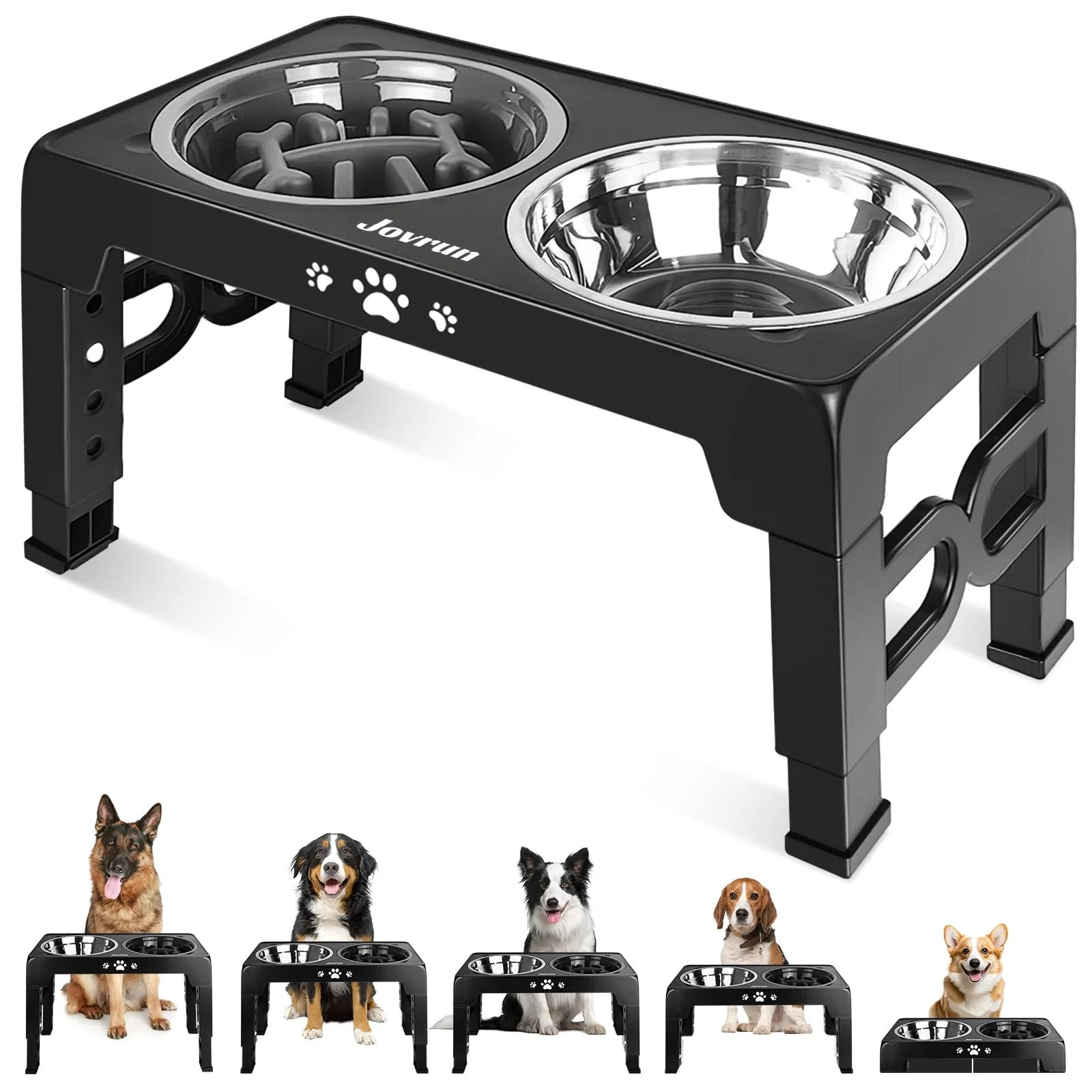 Practical Jovrun d Dog Bowls — Adjustable Raised Feeder with Stainless Steel Dishes Slow Feeder 5-Height Stand Convenient