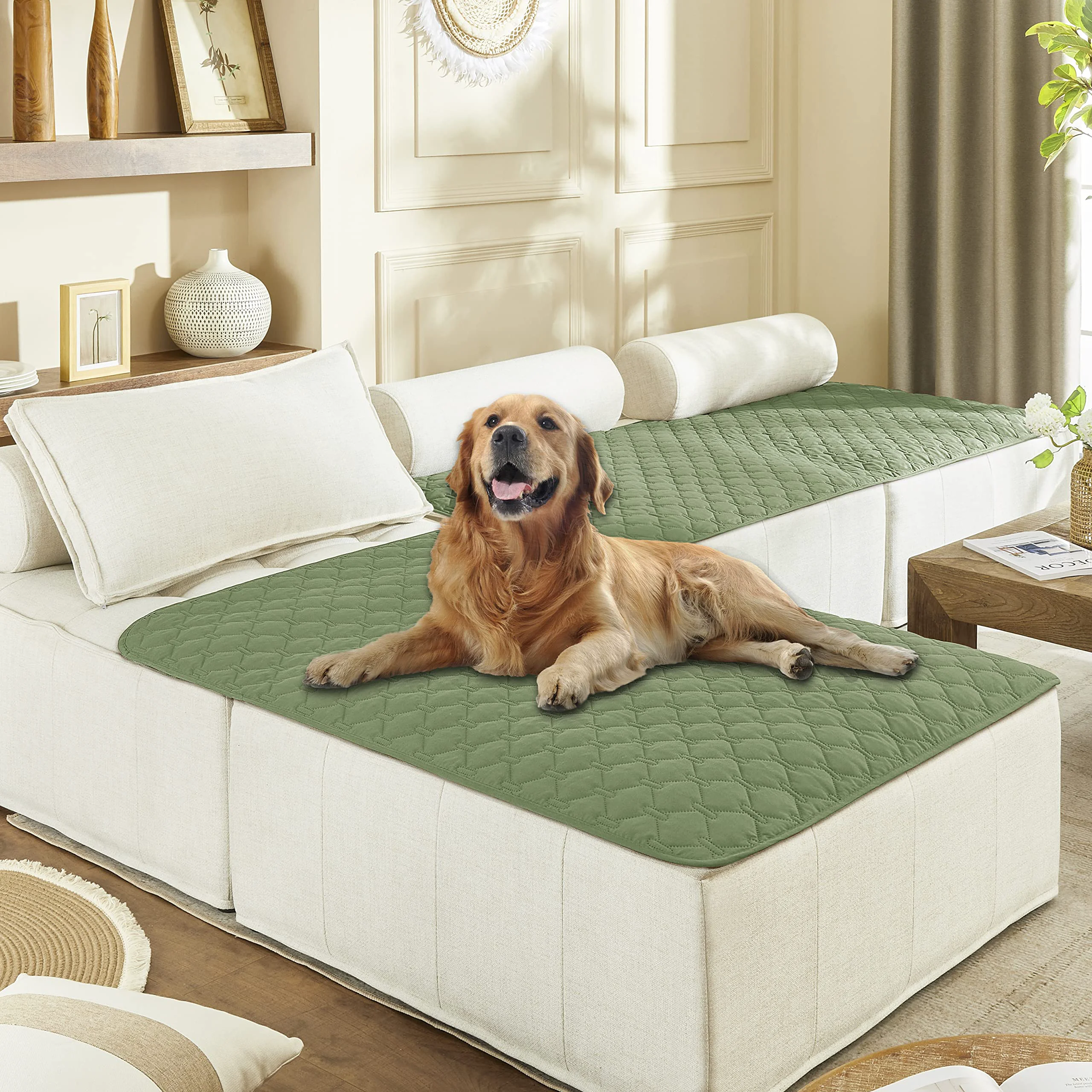 Healthy gogobunny 40x50 Inch Double-Sided Waterproof Dog Bed Cover — Reversible Plaid Pet Blanket for Sofa Puppy Large Dogs Dark Green Light Green Fast
